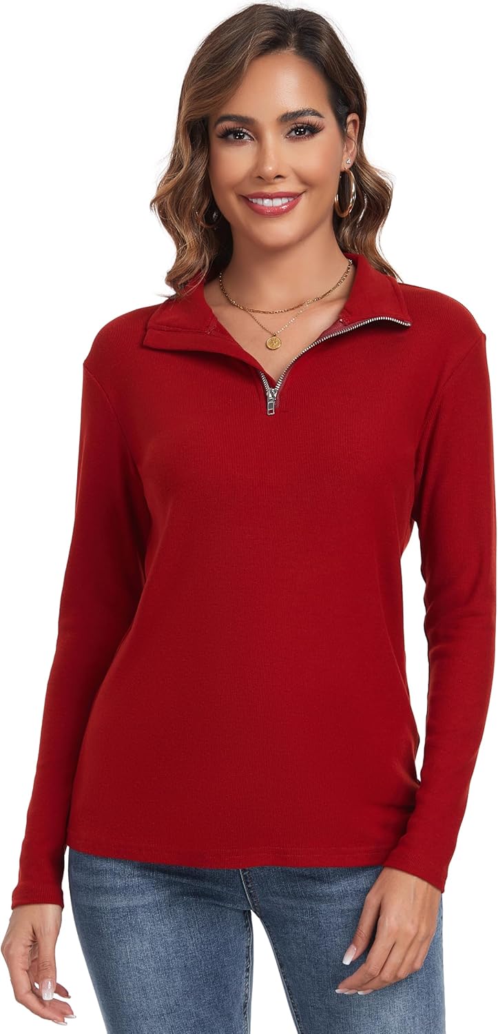 Malist Women’s Long Sleeve Ribbed Half-Zip Turtleneck Top with Lightweight Dual-Sided Fleece