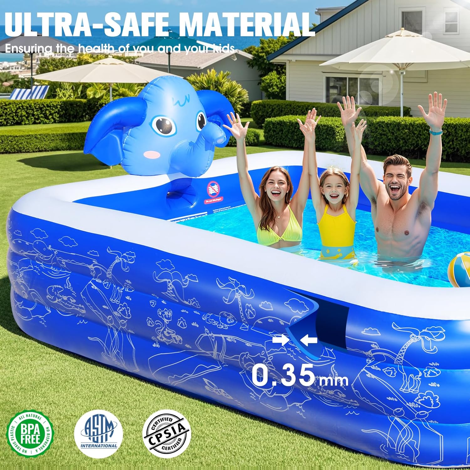 Inflatable Pools with Sprinkler,Upgraded Elephant Inflatable Swimming Pool,Kids Pools for Backyard,Large Inflatable Pool for Adults Blow up Pools,Oversized Thickened Family Inflatable Pool-Blue
