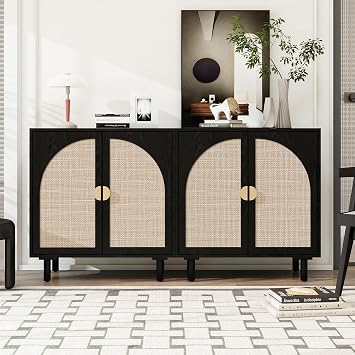 Black Rattan Cabinet-2-Doors,Sideboard Buffet Cabinet with Storage-Accent Storage Cabinet with Cane Door, Boho Wood Credenza for Living Room, Kitchen Black Set 2