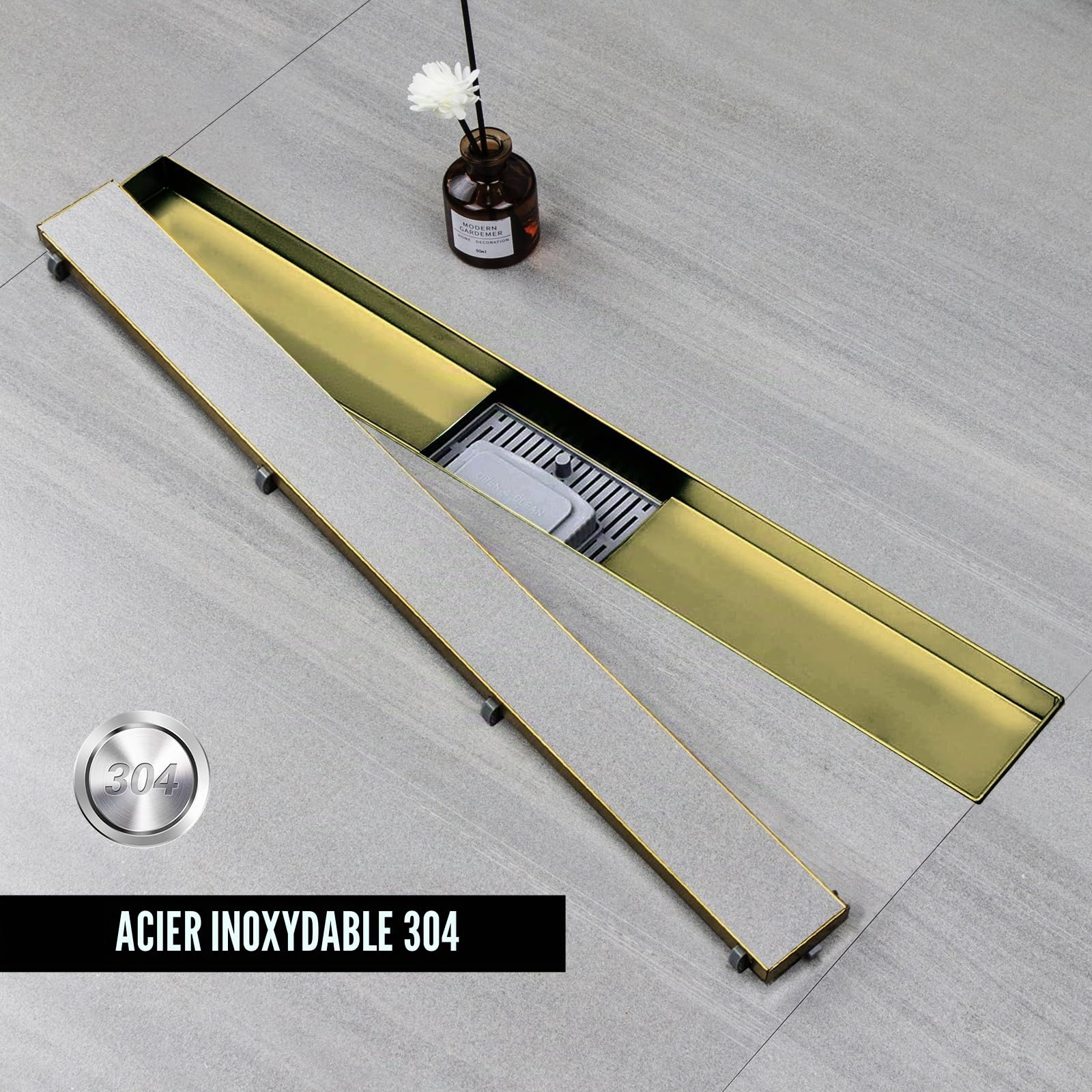 Caniveau de Douche Acier Inox 30cm，Caniveau de Douche avec siphon à bloqueur d'odeurs et filtre à cheveux，Doré Caniveau Douche Extra Plat，Drainage rapide