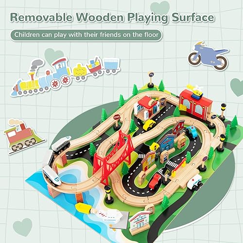 Miniatura 6 de INFANS Mesa de tren, 80 piezas de madera para niños con mesa reversible desmontable, pistas, tren, ferrocarril, ciudad, regalo para niños y niñas a