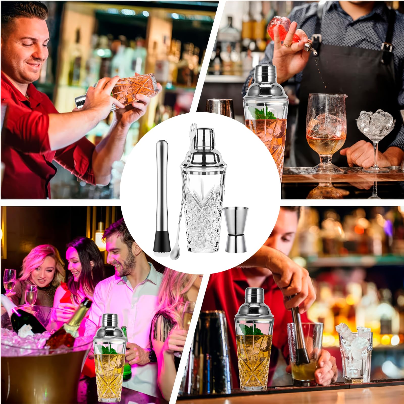 OUZHOU Shaker per cocktail, set da 4 pezzi, shaker da cocktail in vetro con coperchio in acciaio inox, a prova di perdite, shaker per coktail, set con misurino per vino, bastoncini di miscelazione per