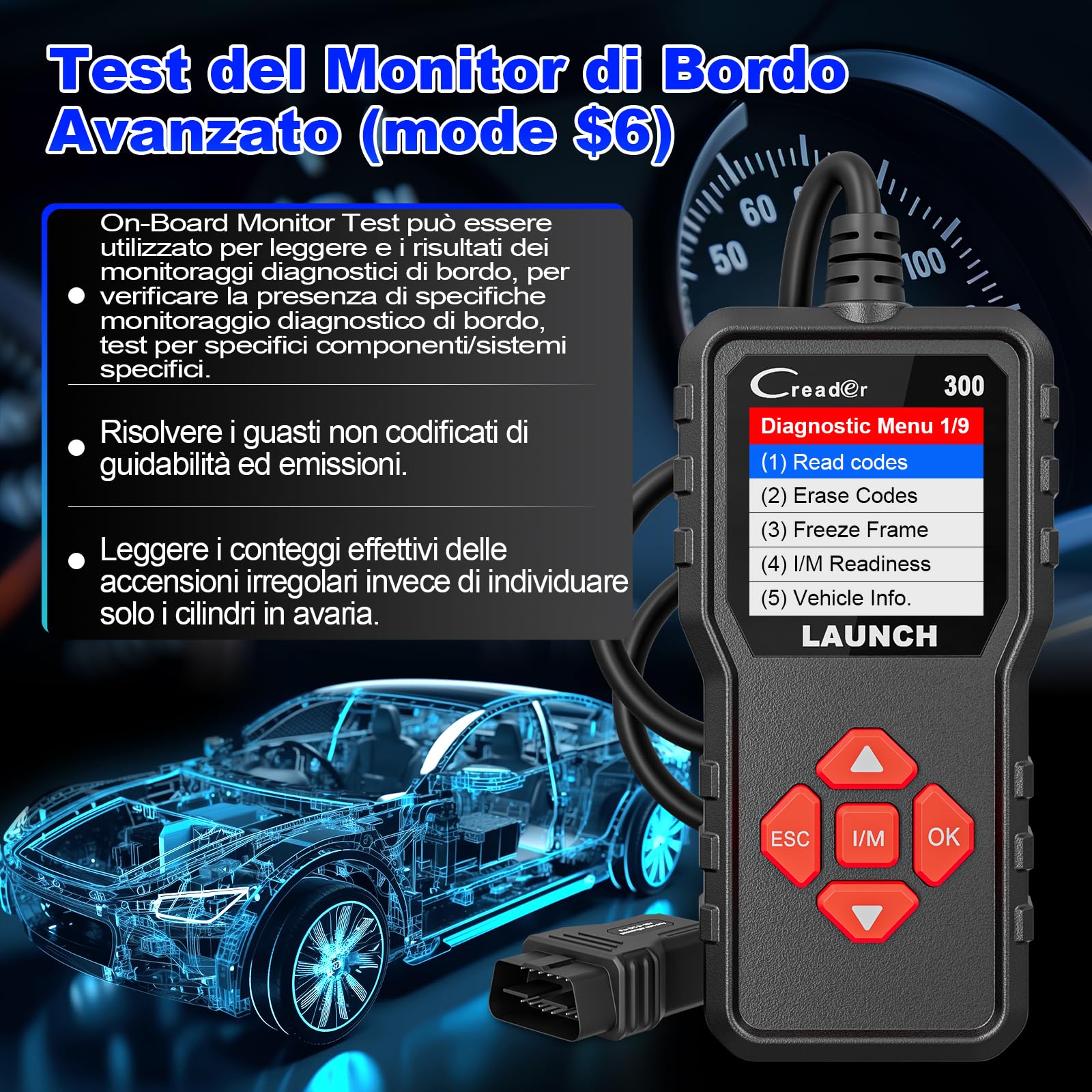 OBD2 Auto Diagnostica Diagnosi-auto LAUNCH CR300, Diagnostico OBD2 Italiano per Multimarca - Lettore Errore Motore Auto con Funzioni-OBD2, Professionale Diagnostica Per tutti i Veicoli OBDII