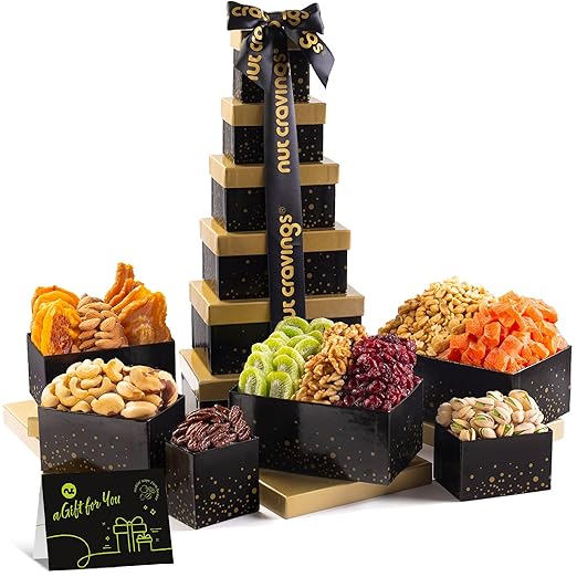 NUT CRAVINGS - Dried Fruit & Mixed Nuts Gift Basket in Black Tower + Ribbon (12 Assortments) Food Arrangement, Healthy Snack Care Package, Kosher