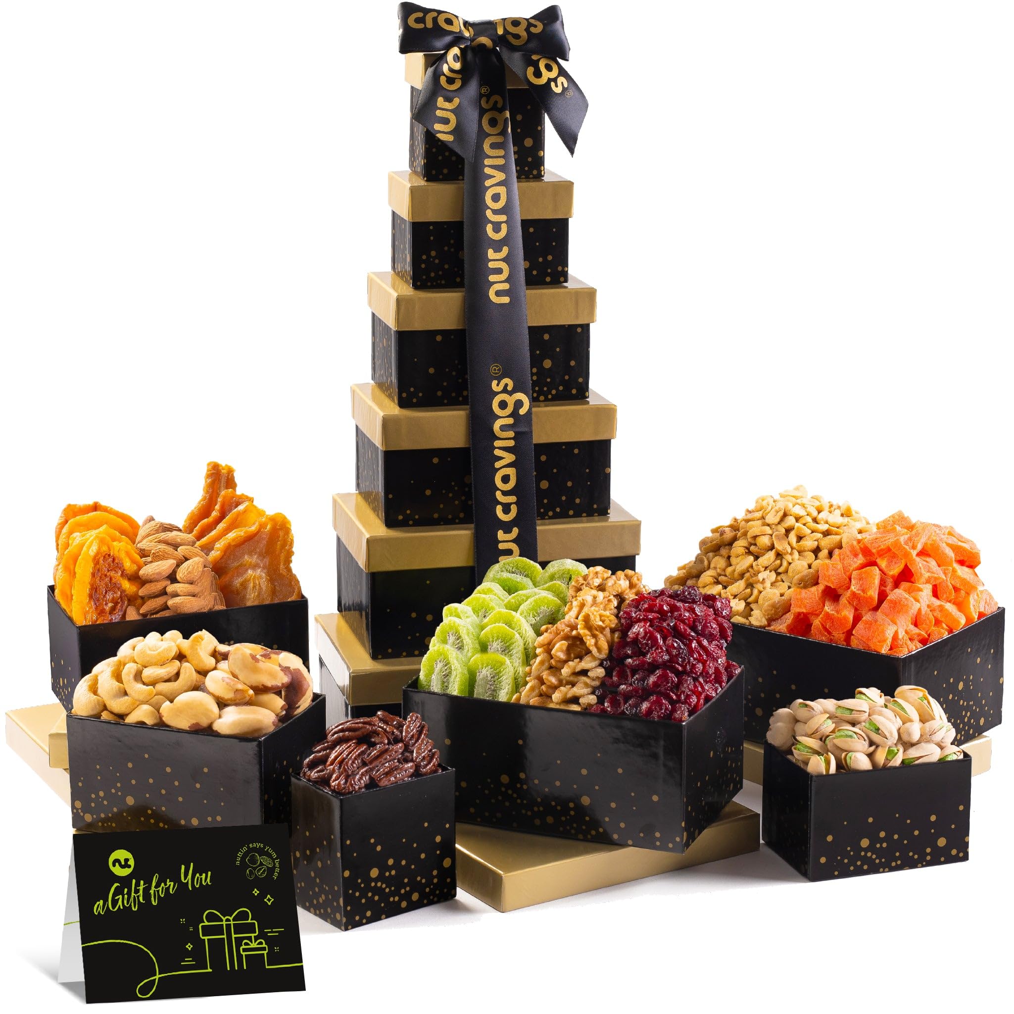 NUT CRAVINGS - Diwali Sweets Hamper Mid-Autumn Festival Dried Fruit & Mixed Nuts Gift Basket in Black Tower + Ribbon (12 Assortments) Food Arrangement, Healthy Snack Care Package, Food Assortments