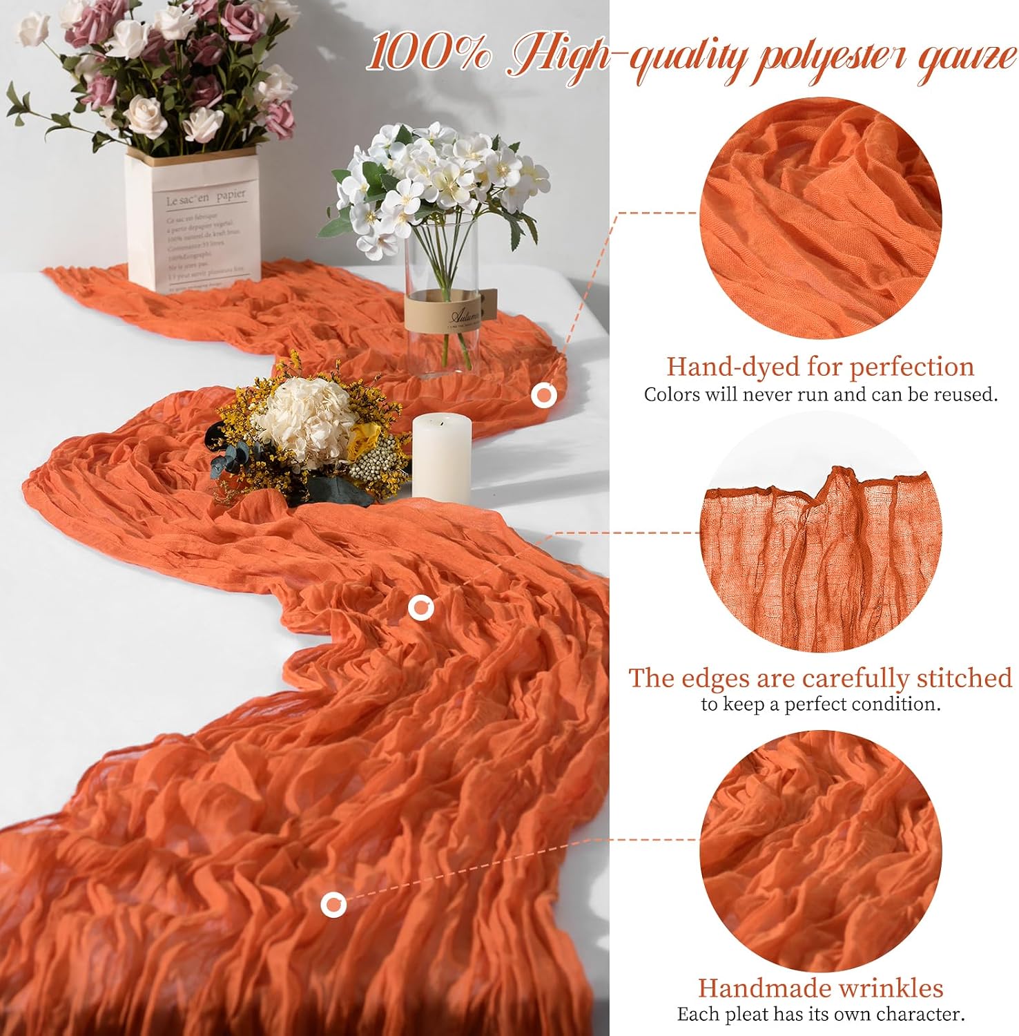 15 Packs Cheesecloth Table Runner Orange, 10 Ft Burnt Orange Table Runner for Wedding, Rustic Gauze Boho Decoration for Wedding Party Bridal Shower,21.5x120in