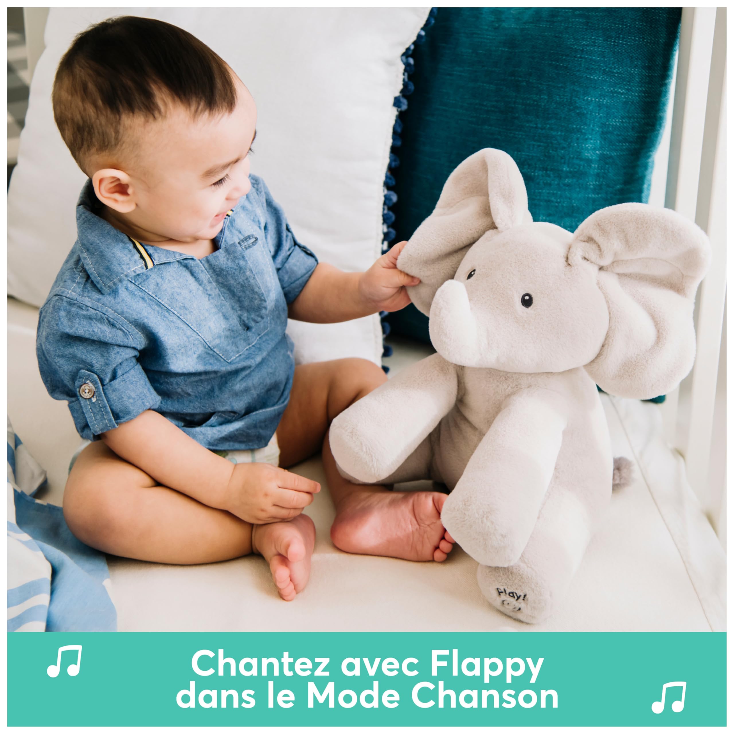 GUND - Flappy L'Éléphant - Peluche Interactive pour Bébé | Bouge Parle Et Chante En Français - Éveille Les Sens - Peluche Éléphant 30 Cm - Doudou Bébé - Piles - Jouet Bébé 1 An Et +