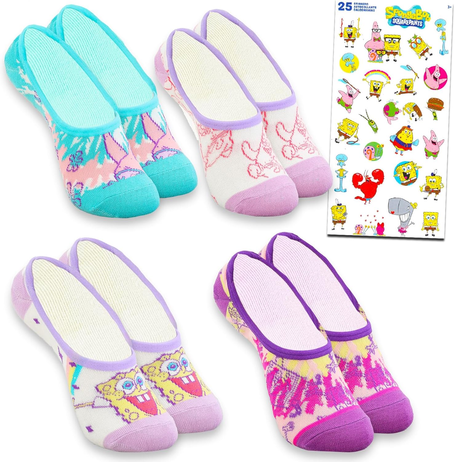Nickelodeon Spongebob Socks Set - Bundle with 4 Pairs of Spongebob No Show Socks Plus Stickers | Spongebob Clothing
