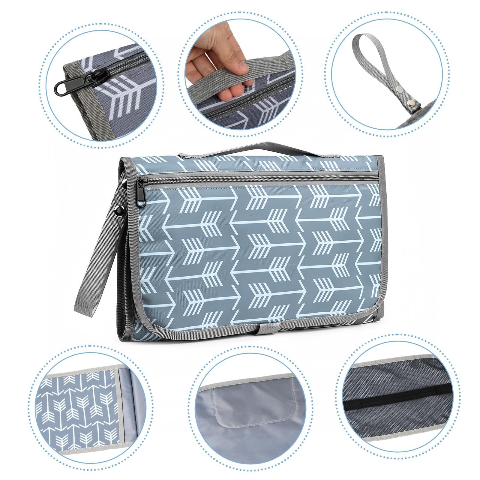 Nivofu Cambiador Bebe Portatil Plegable e Impermeable, Bolso Cambiador Bebe de Algodon Lavable con Bolsillos, Accesorios Recien Nacido 0-1 Año, Regalo Recien Nacido, 60x43cm, Gris a Rayas