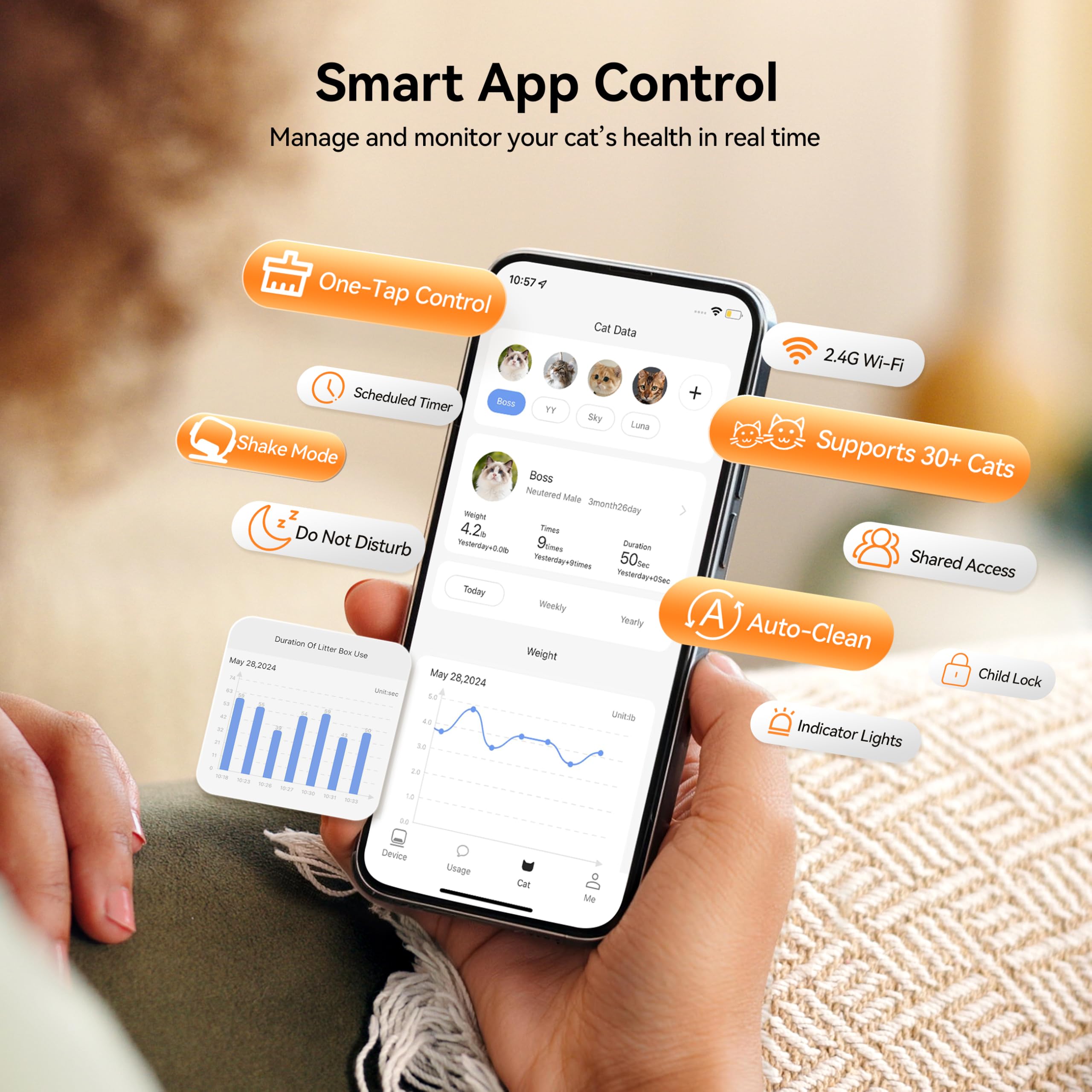 MeoWant Arenero Gatos Autolimpiable 106L, Extra Grande, Entrada Baja, Sensor de Seguridad, Antipinzamiento,Control Mediante App, Libre de Olores, Arenero Automatico XXXL Ideal para Múltiples Gatos