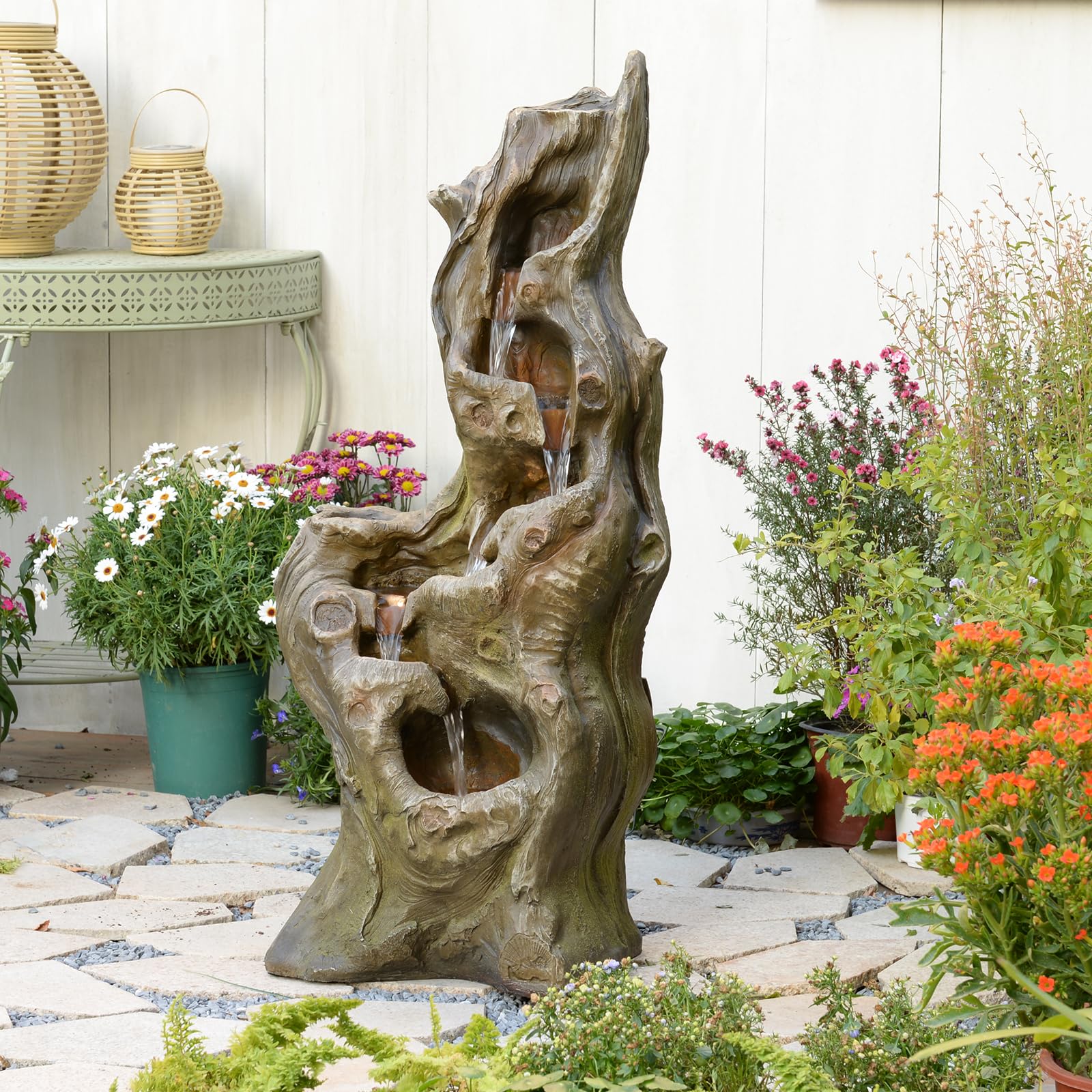 Bumilgar Caractéristiques d'eau de jardin 5 niveaux Grande cascade réaliste Tronc d'arbre naturel Fontaine extérieure en résine Imitation bois avec lumières LED pour jardin, patio, terrasse 101 CM