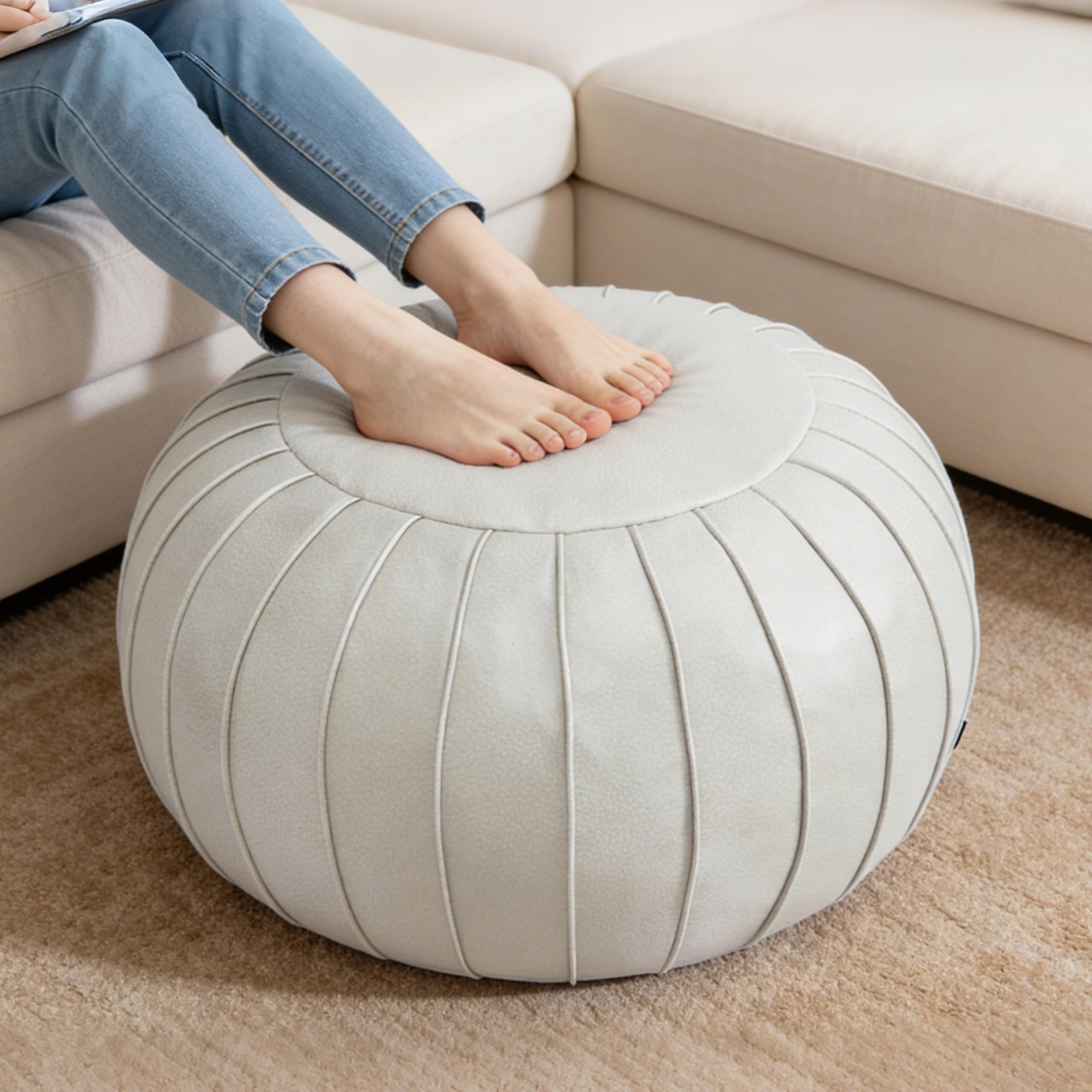 Handmade Storage Pouf Ottoman Foot Stool - Faux Suede Round Floor Cushion 21.6"x13" for Living Room, Bedroom, Wedding Decor, Unstuffed (Beige)