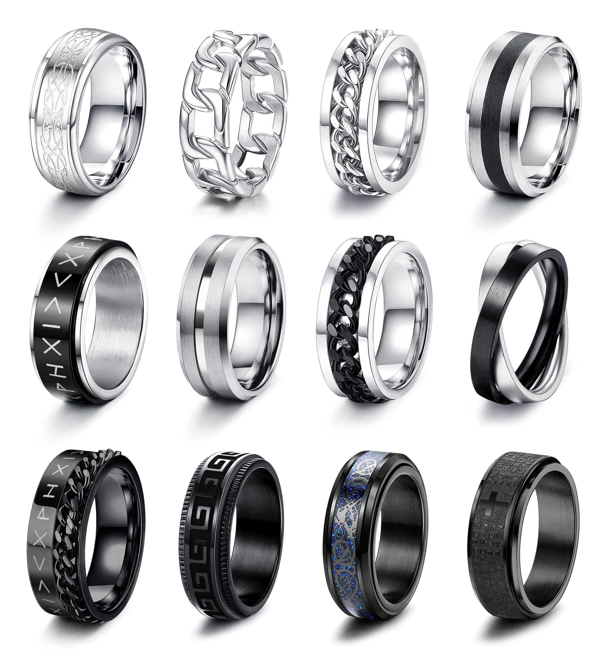 CASSIECA 12Pcs Anillos Hombre Plata Negro Acero Inoxidable Banda Abrebotellas Anillos Alianzas Boda Anillo Compromiso Vintage Fidget Anillo para Hombre Mujere Cumpleaños Regalos Navidad Talla 12-30