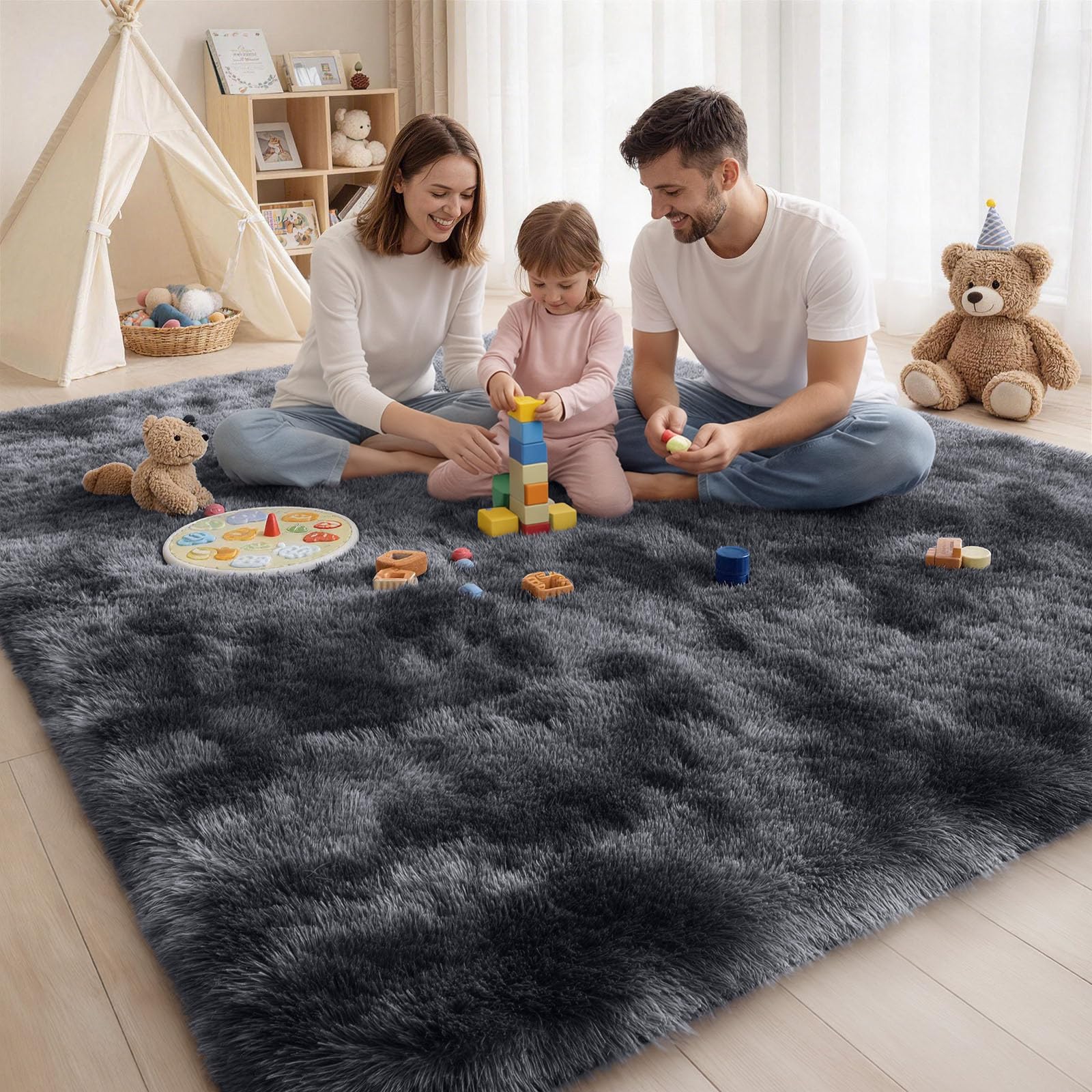 Homaxy Hochflor Tie Dye Groß Teppich Wohnzimmer 200 x 300 cm, Dunkelgrau | Rutschfest Waschbar Teppiche, Flauschig Modern Teppich fürs Kinderzimmer, Schlafzimmer