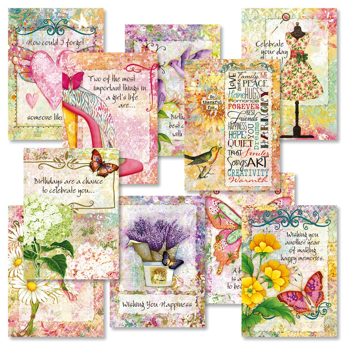 Current Joy Hall Dream On Happy Birthday Greeting Card Set - Value Pack of 20 Cards With White Envelopes, 10 Designs, Large 5" x 7" Assortment