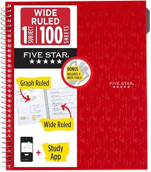 Five Star Spiral Notebook + Study App, 1 Subject, Wide Ruled 8" x 10.5" Paper, Includes 4-Piece Math Tool Set, 100 Sheets, Red 620025B