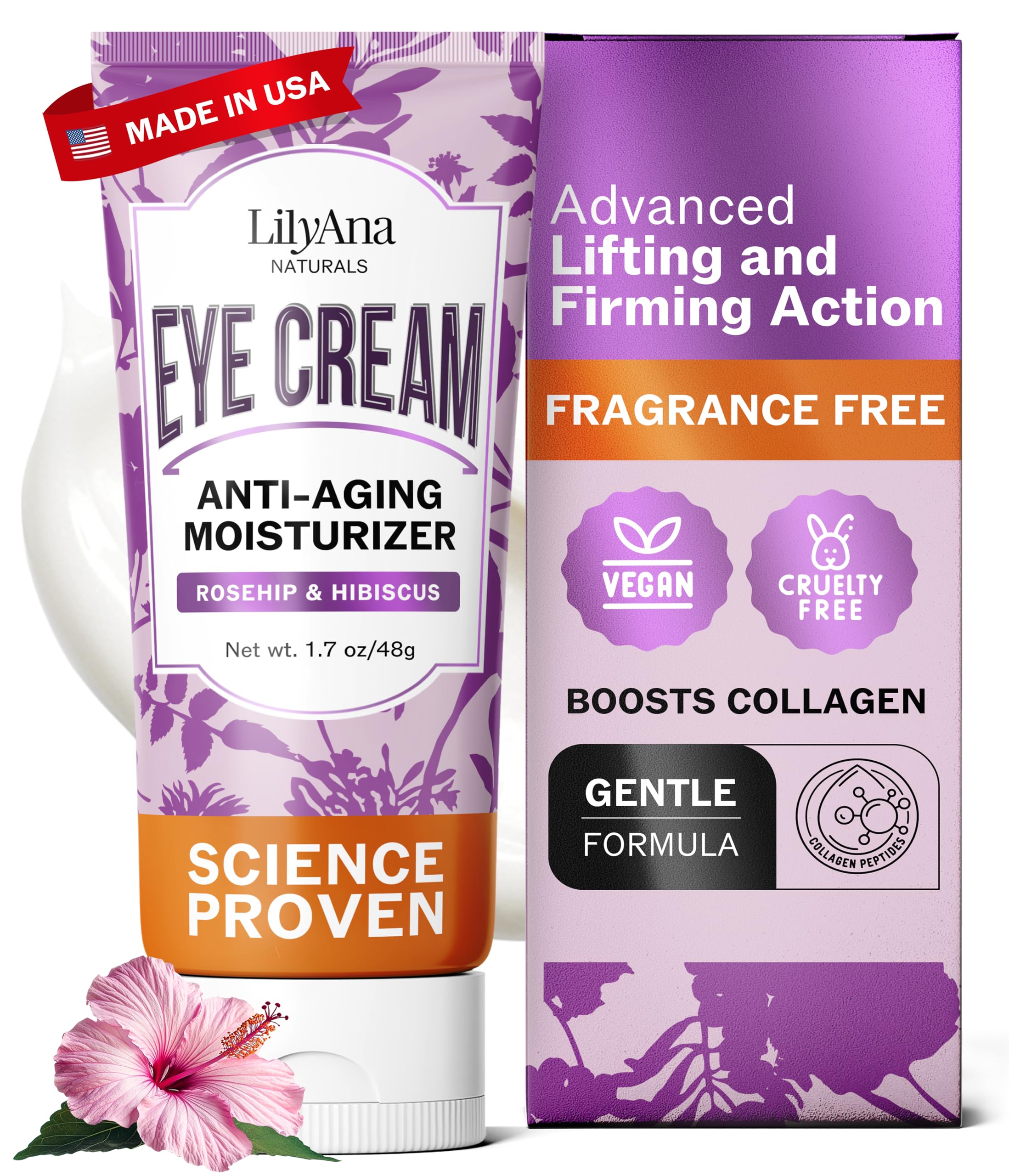 LilyAna Naturals Eye Cream for Dark Circles and Puffiness, Under Eye Cream for Wrinkles and Bags, Anti Aging - helps Improve Dryness; for Sensitive Skin - 1.7 oz - Made in USA