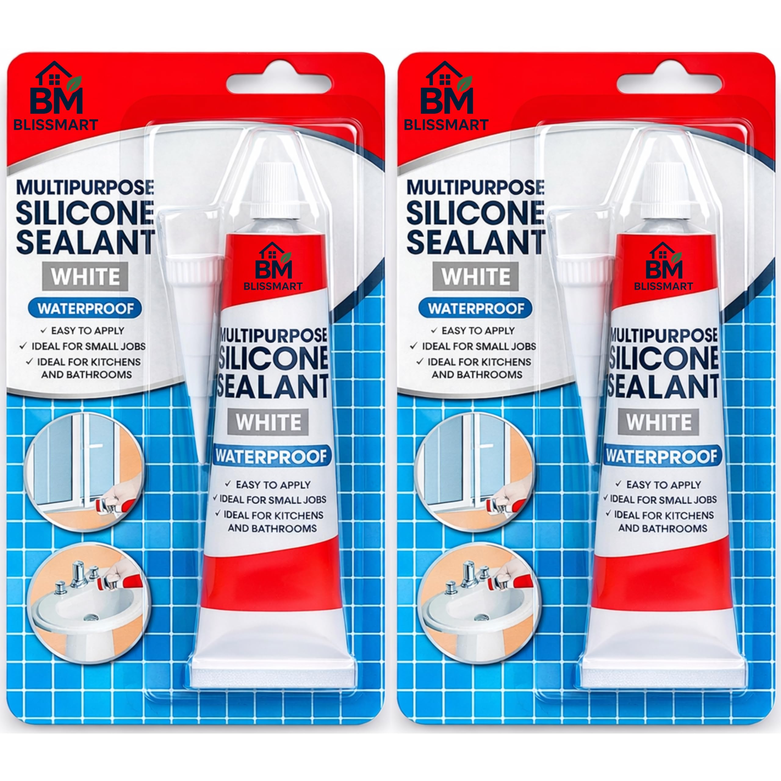BlissMart White Silicone Sealant Waterproof Strong White Glue x 2 Tubes Multipurpose Bathroom Silicon Seal Mold Resistant Silicone Tool Kitchen Toilet Sink Caulking Shower Seal Filler Sealant Tool