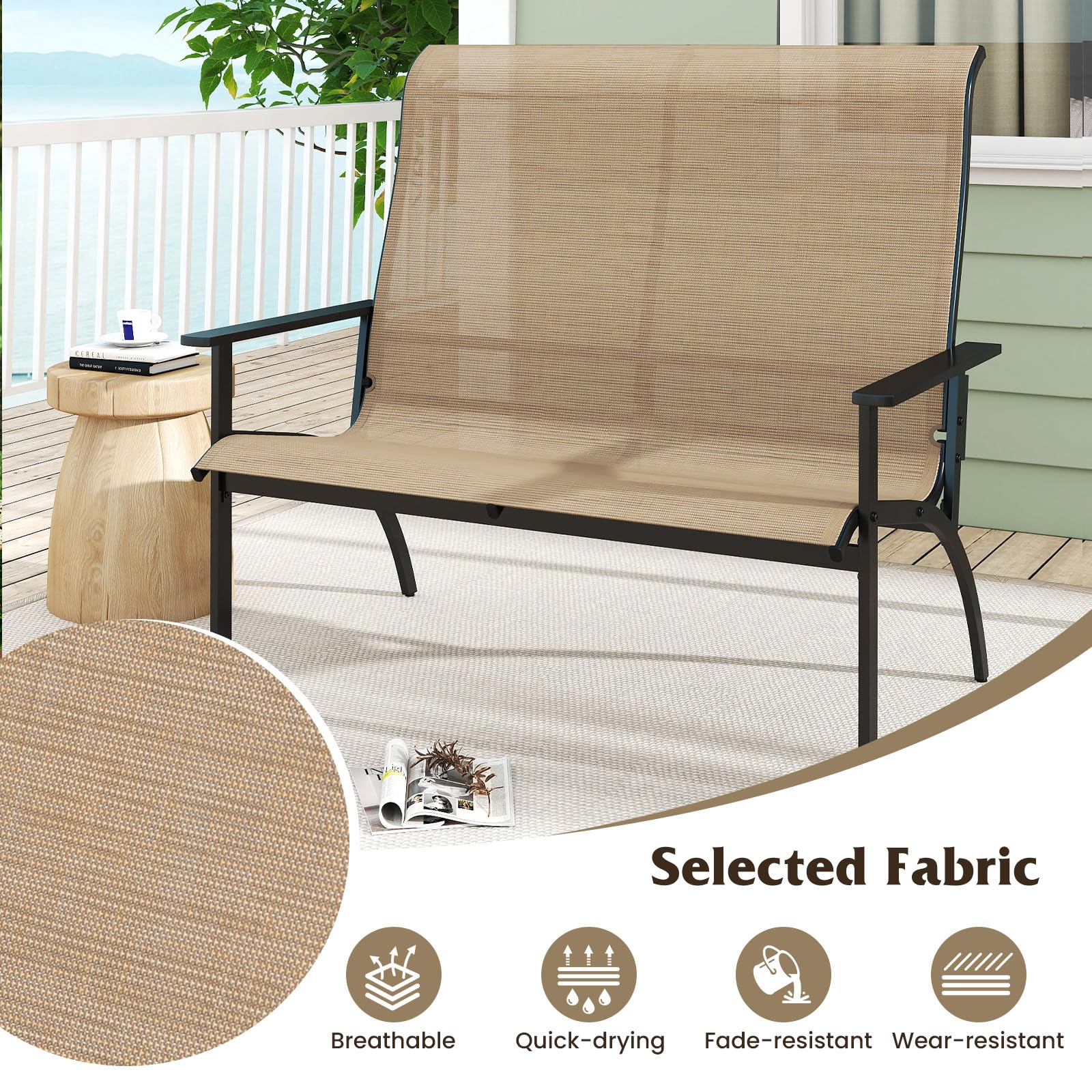 KOMFOTTEU Panca giardino esterno a 2 posti, sedia Adirondack in Textilene con carico di 400 kg, panca di terrezza con schienale alto e braccioli per patio, balcone, 81 x 120 x 106 cm