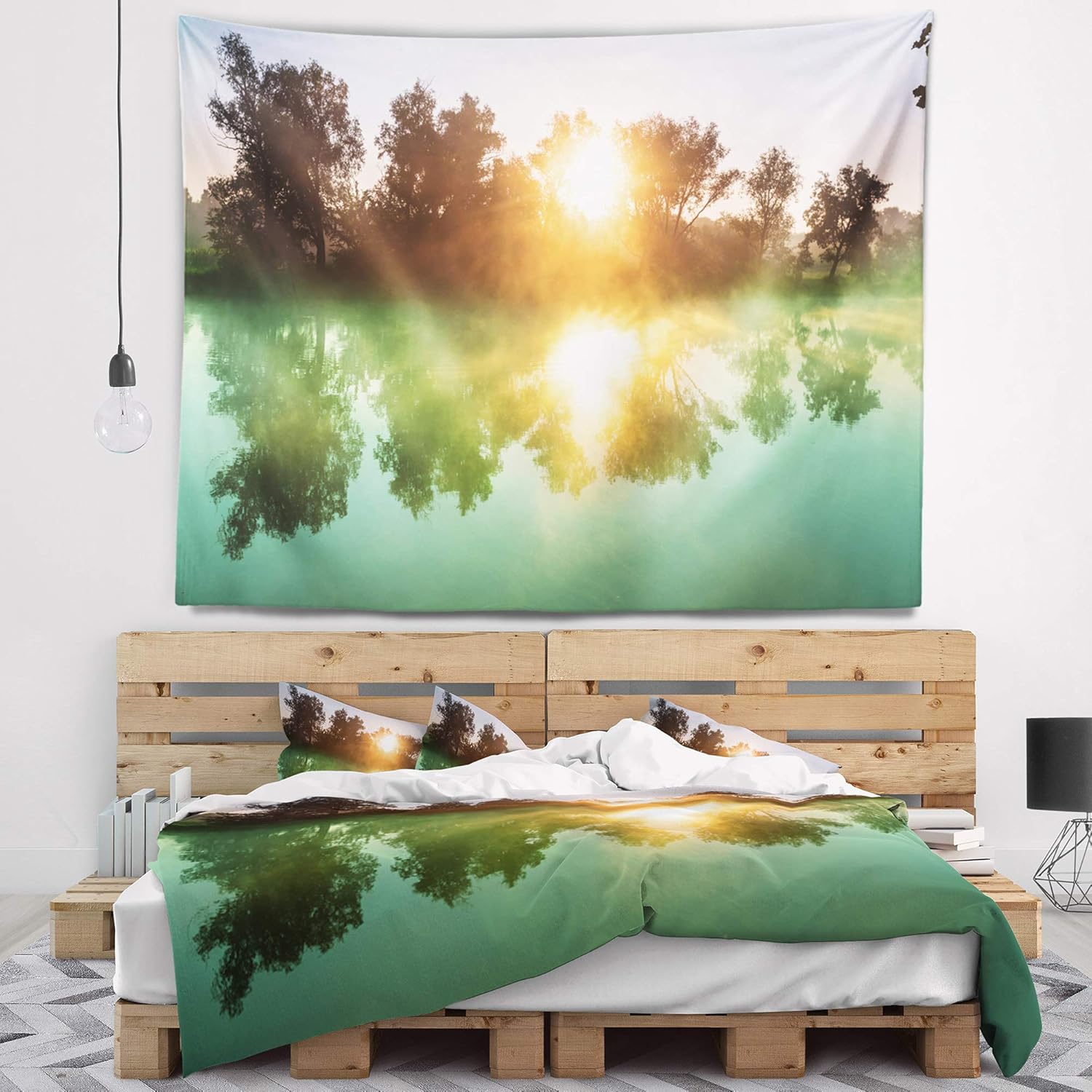 Designart ' Beautiful Summer River at Sunset' Landscape Tapestry Blanket Décor Wall Art for Home and Office x Large: 92 in. x 78 in