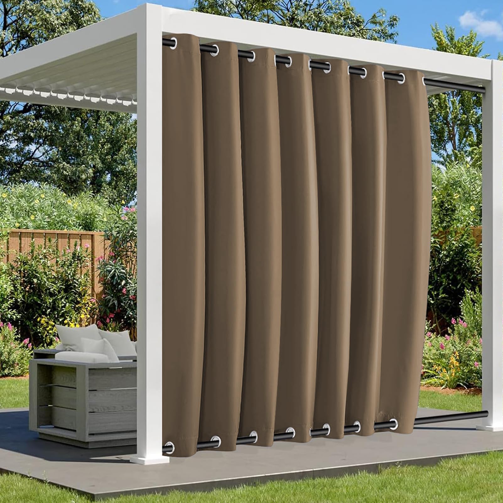 BliRiki Waterproof Outdoor Curtains for Patio, Weatherproof Blackout Curtain with Top and Bottom Grommets, Thermal Insulated Privacy Outsides Curtain for Porch Pergola, 1 Panel, W72 xH52, Light Brown