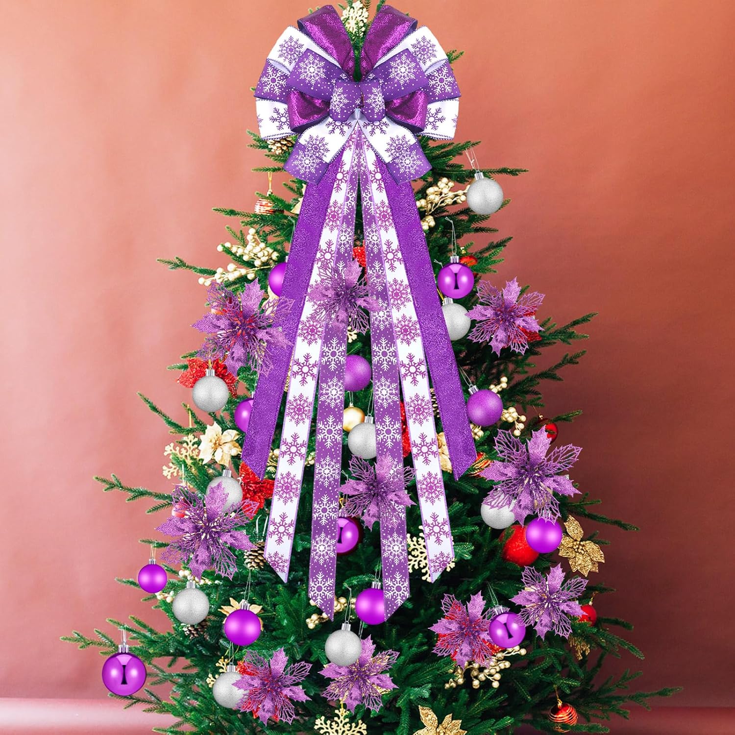 33 Pcs Christmas Decorations Set Christmas Tree Ornament 45" Christmas Tree Topper Glitter Large Bows 2.3" Christmas Ball 3.5" Artificial Poinsettia Flowers for Wreath Garland Gift Holiday(Purple)