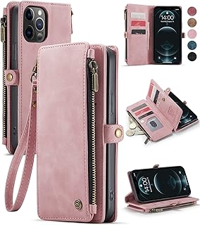 Defencase for iPhone 12 Pro Max Case, iPhone 12 Pro Max Case Wallet for Women, Durable PU Leather Magnetic Flip Lanyard Strap Wristlet Zipper Card Holder Phone Cases for iPhone 12 Pro Max, Rose Pink