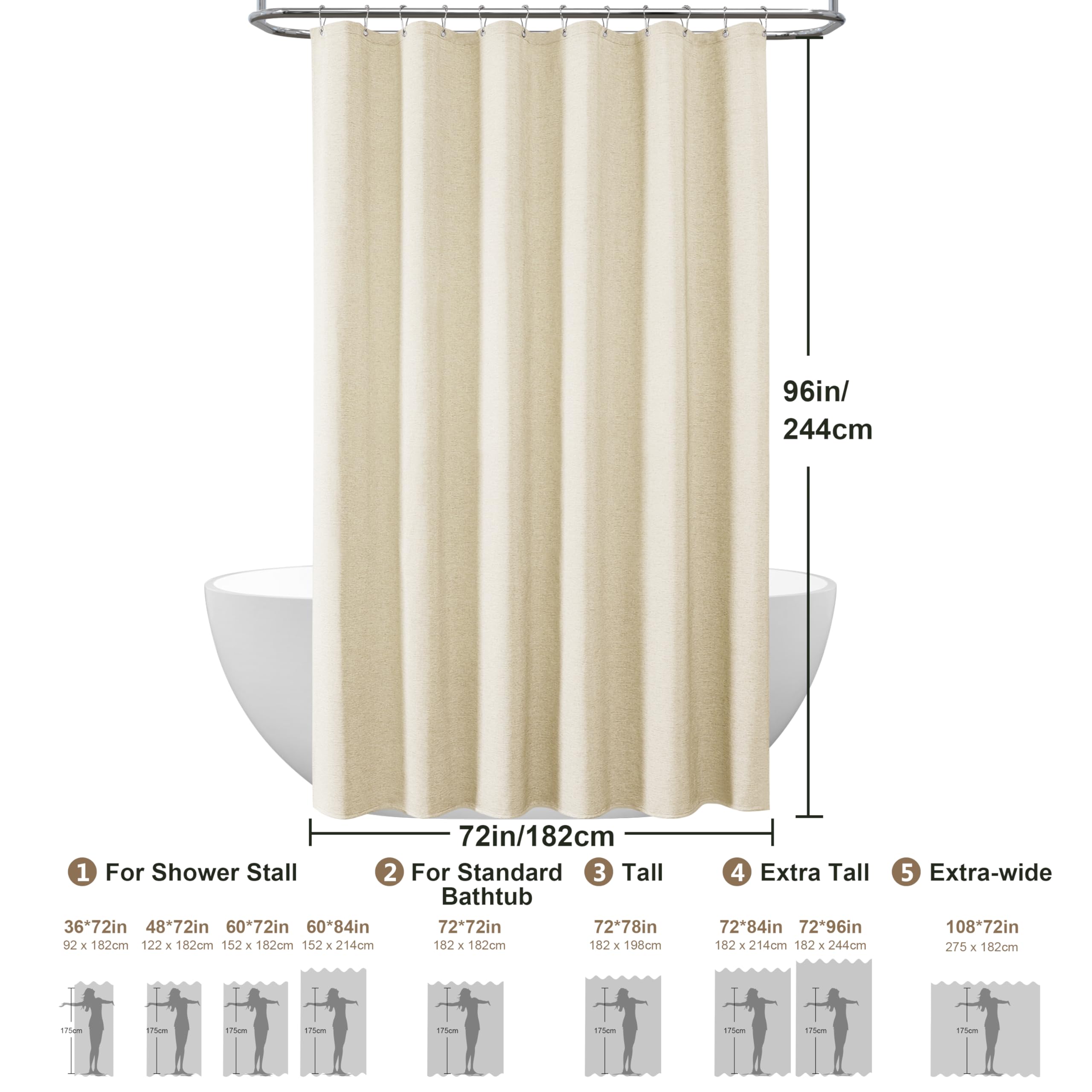VANZAVANZU Tenda da Doccia Impermeabile con Ganci in Metallo Tenda da Bagno in Tessuto Lino Poliestere Antimuffa per Vasca da Bagno Stanza Bagnata Box Doccia - 182 x 244cm (Beige)