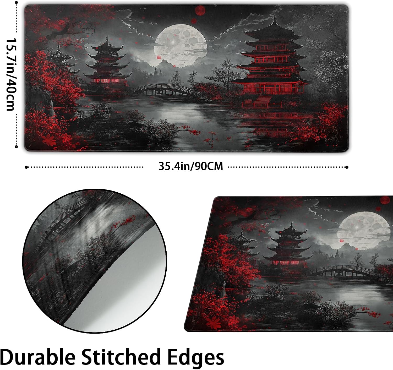 Japanese Mouse Pad XXL 35.4 X 15.7 Inch Black Red Design Style Extended Large Gaming Mousepad Keyboard Full Desk Mat Non-Slip Rubber Base Stitched Edges for Home Office - Image 2