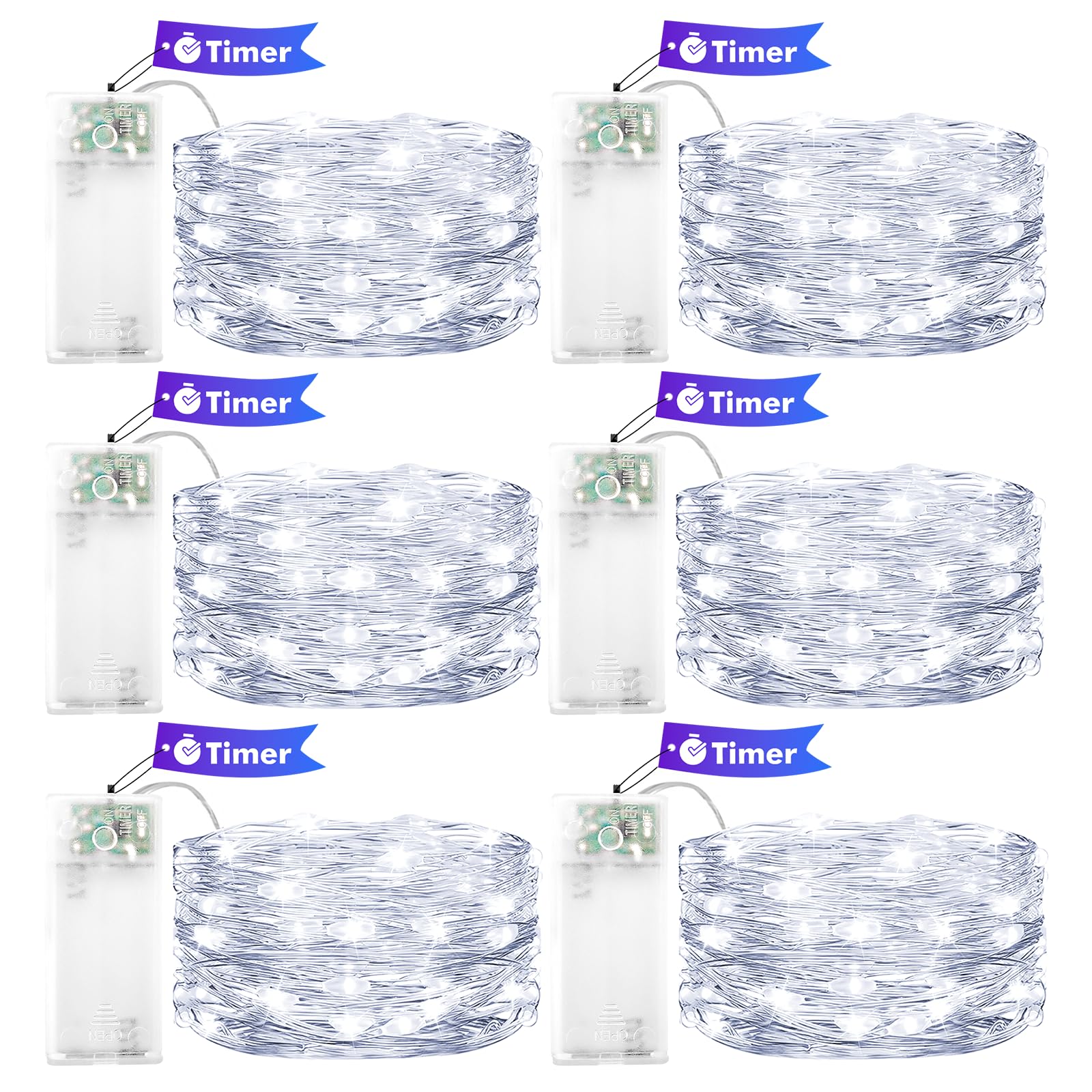 ENLACE 6 Stück LED Lichterkette Batterie mit Timer, 2M 20 LED Kupferdraht Lichterkette Batteriebetrieben, Weiß Micro Lichterketten für Hochzeit, Kinderzimmer, Weihnachten, Party, Innen Deko