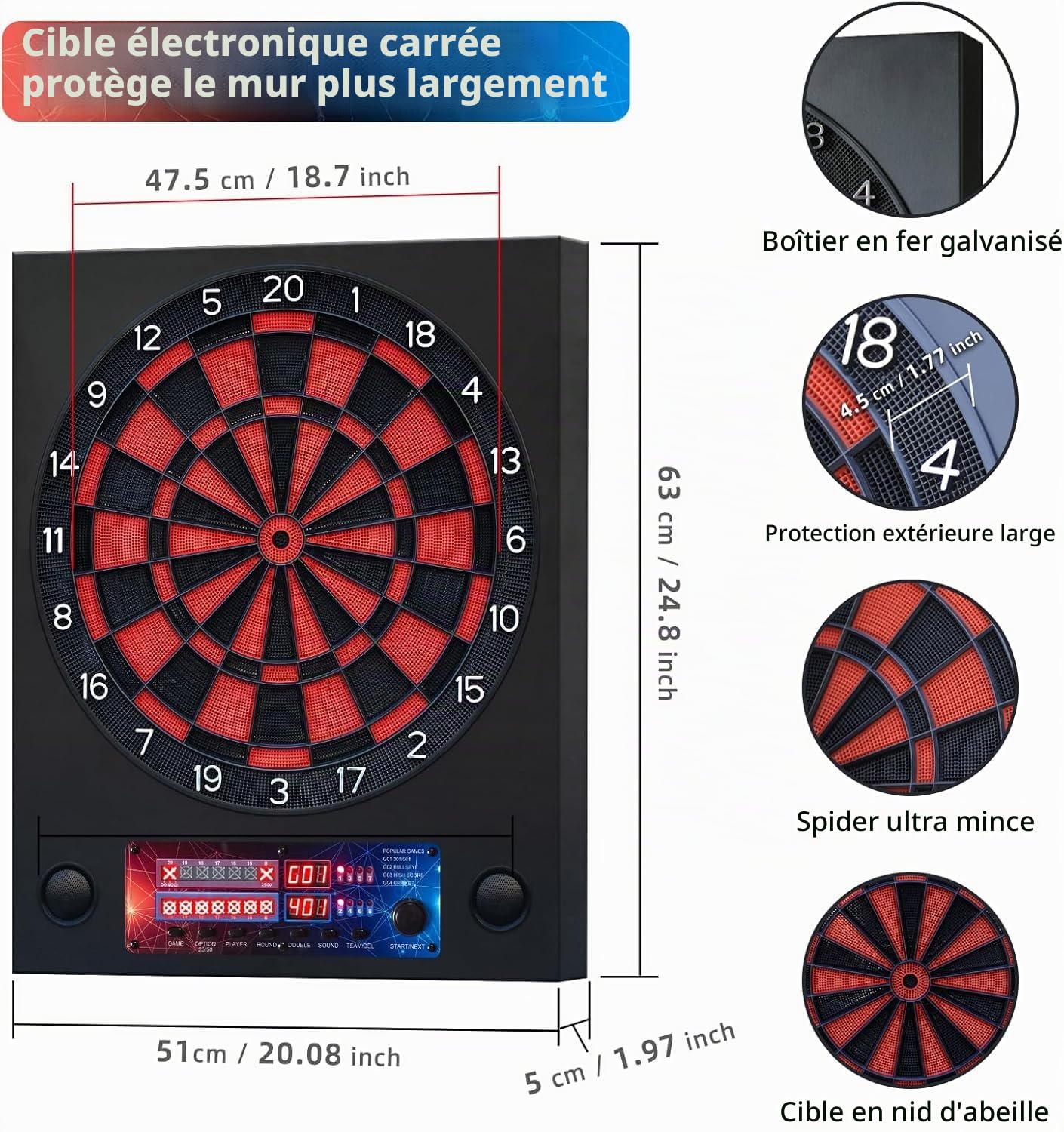 Jeu de flechette electronique avec 6 fléchettes et 100 Pointes de Rechange, Cible flechette electronique avec Voix et écran LCD, Jeux de flechette electronique avec 25 Jeux et 290 Variations