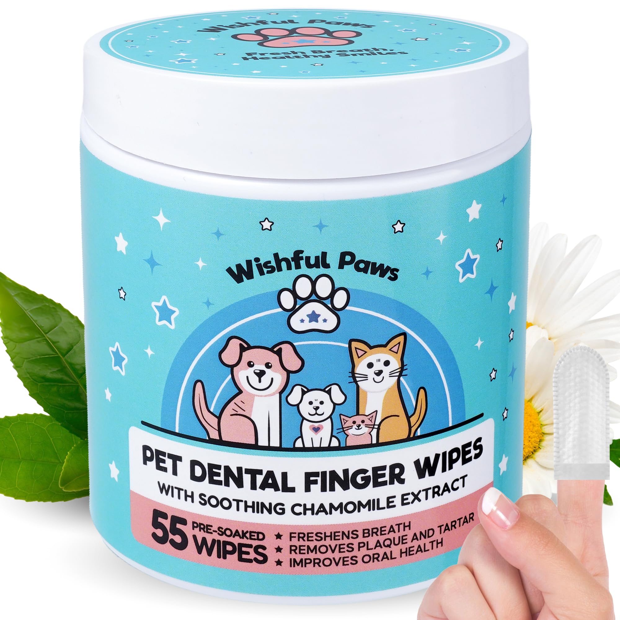 Dog Teeth Cleaning Wipes - Dog Tooth Brushing Kit - Dog Toothbrush Finger Wipes - Removes Plaque & Tartar, Dog Breath Freshener - No-Rinse Pet Dental Care for Dogs & Cats - Easy Use - 55 Count