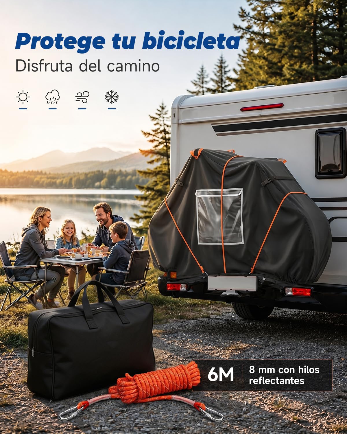 Funda Bicicleta Exterior Impermeable para 2, 600D Resistente al Viento | 210×80×115cm, Resistencia al Desgarro, con Cuerda de 6m, Portátil, para Acampar, Viajes por Carretera, Mudanza