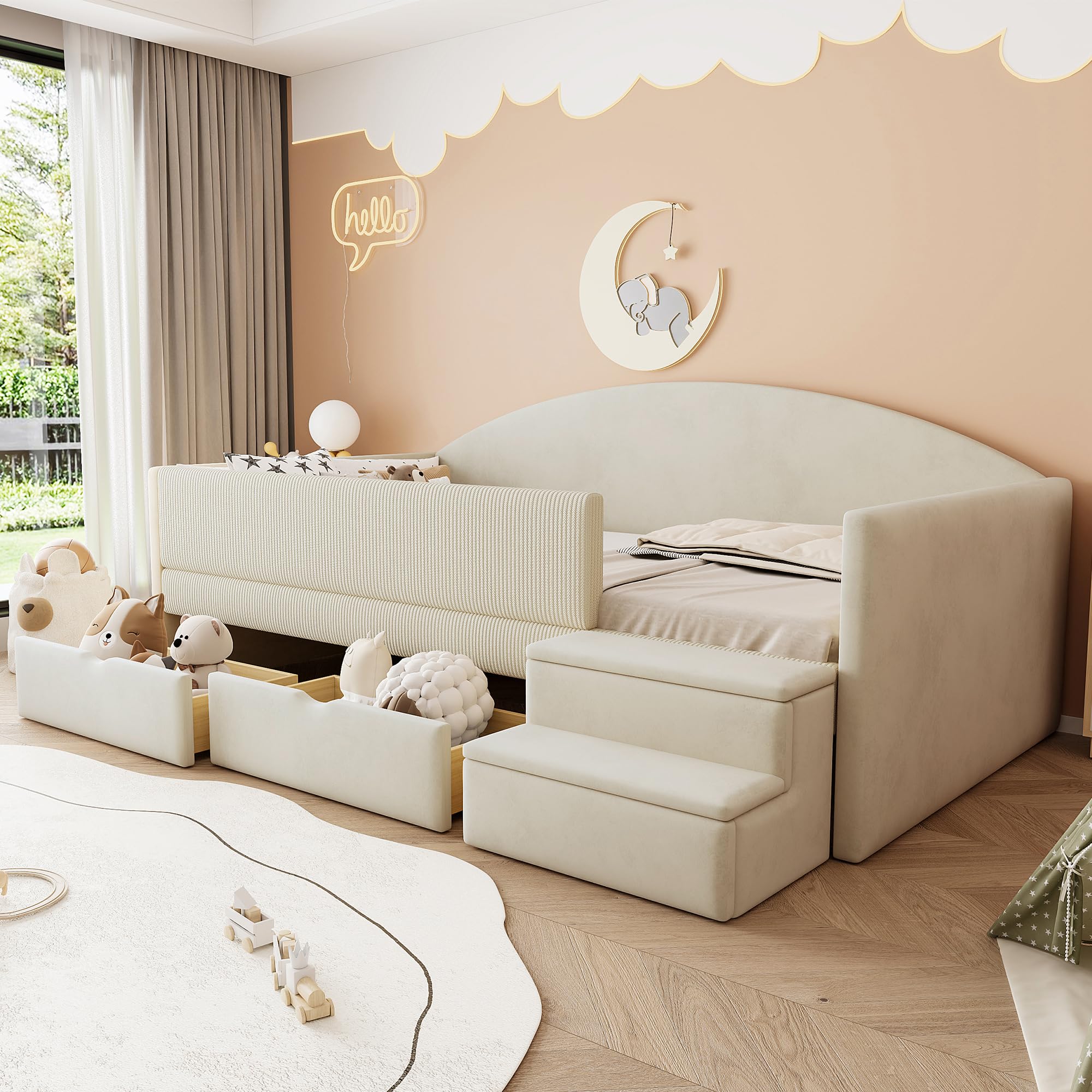 Canapé Lit Rembourré 90x190 cm avec 2 Tiroirs, Garde-Corps et Marchepied, Tissu Velours Doux et Confortable, Structure Bois, Idéal pour Chambre d'enfant, Salon et Chambre d'amis