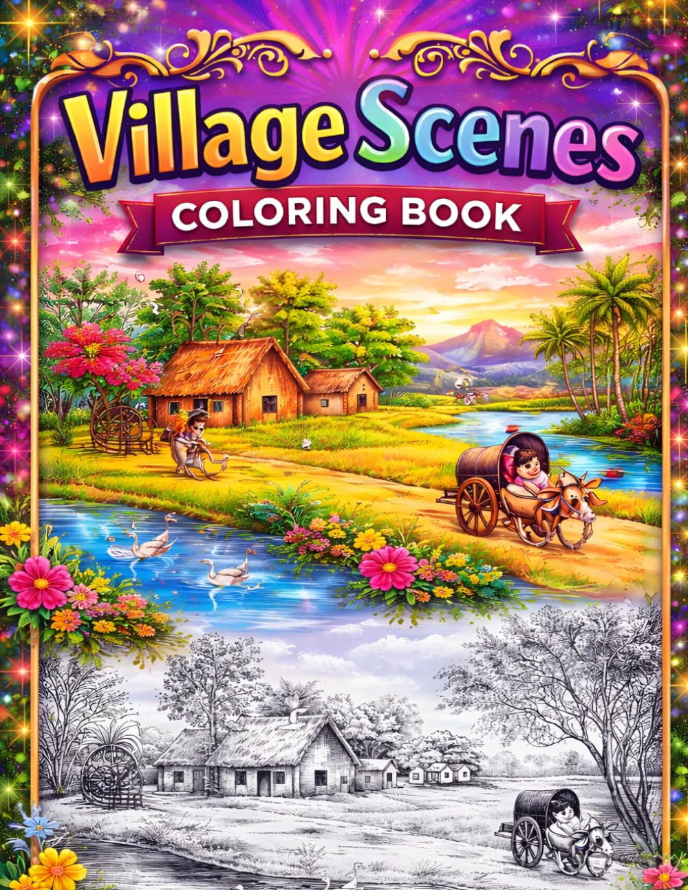 Village Scenes Coloring Book: Relaxing Countryside & Nature Coloring Pages for Kids, Teens, and Adults | Peaceful Rural Landscapes and Farm Life Designs for All Ages