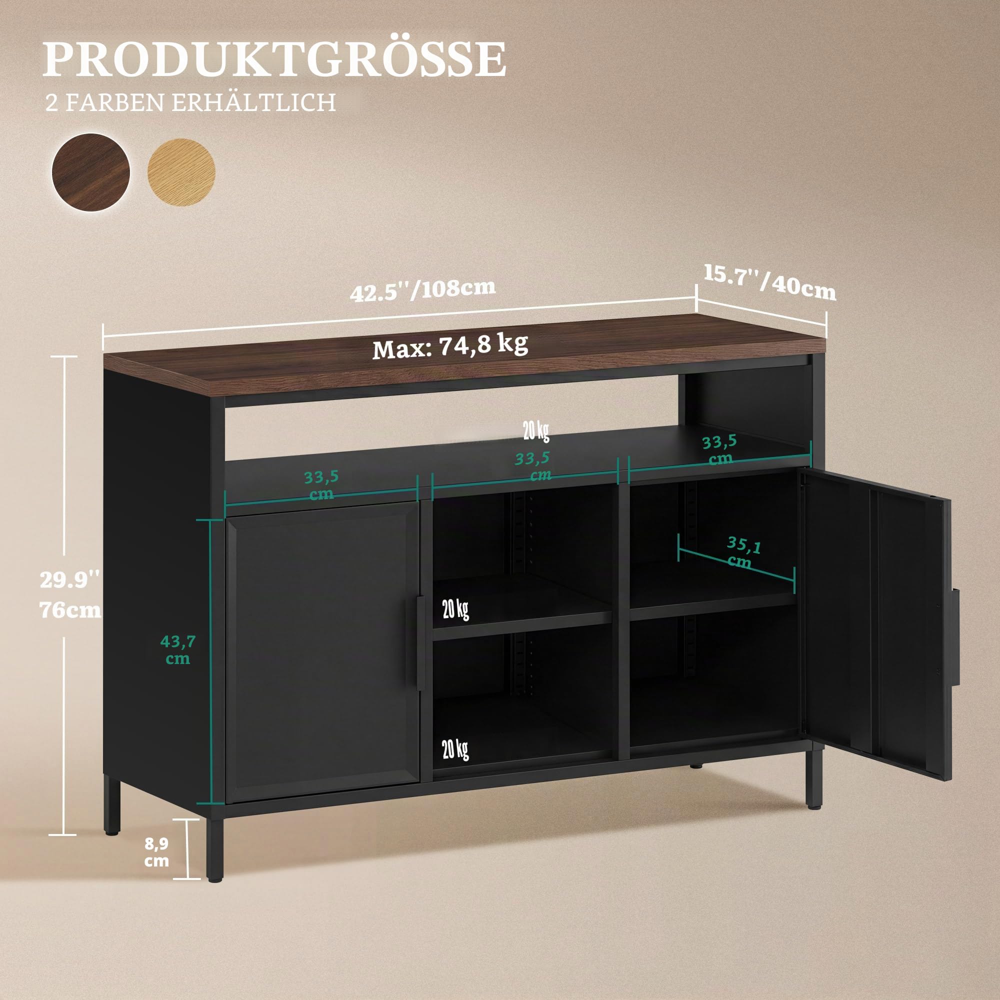 YITAHOME Aufbewahrungsschrank, Metallschrank, Sideboard, Schrank mit Doppeltür, Magnetverschluss, verstellbare Einlegeböden, Stahlgestell