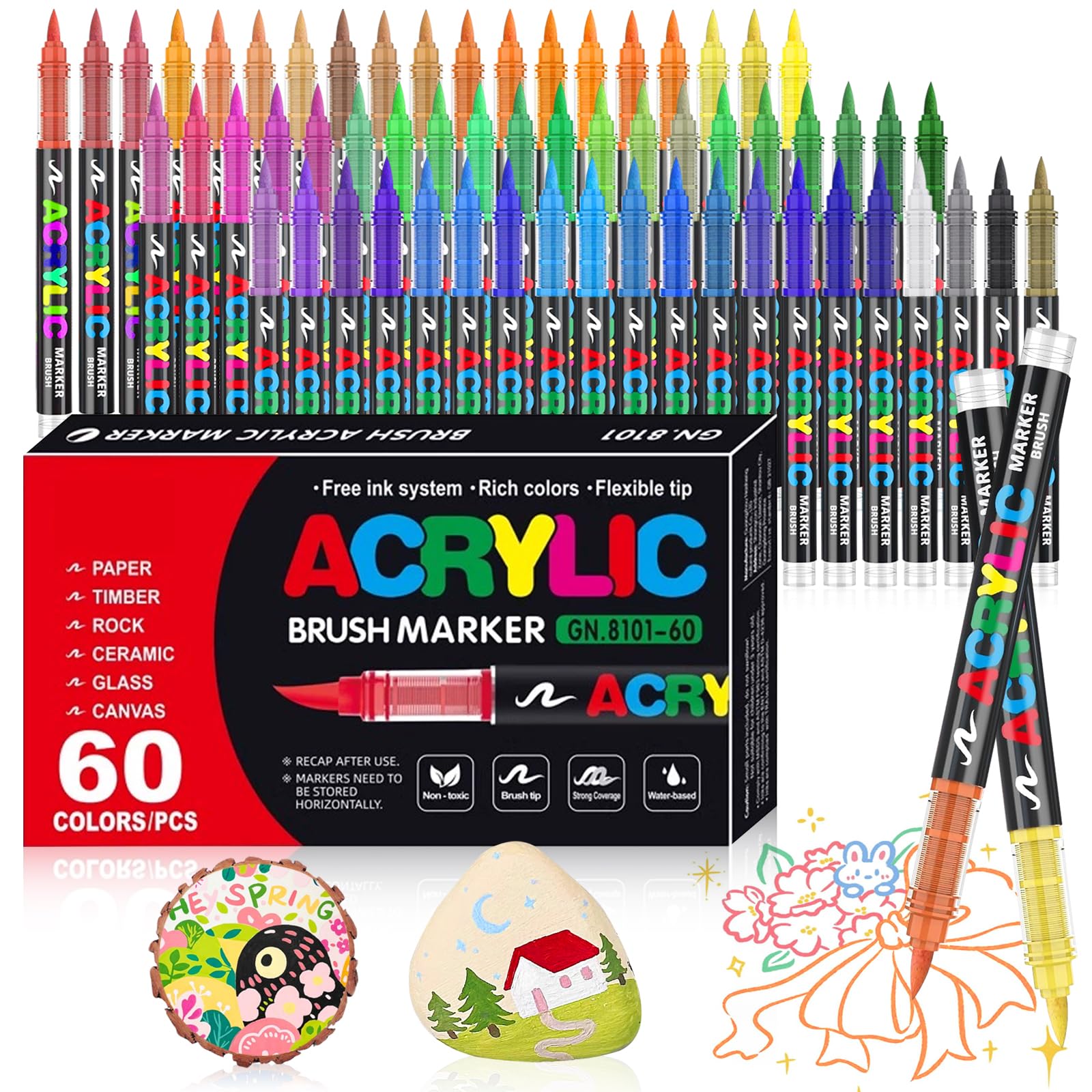 60 Colors Acrylic Markers, Soft Brush Head Acrylic Markers, Acrylic Markers for Coloring, Stone, Wood, Canvas, Glass, Ceramic, Crafts