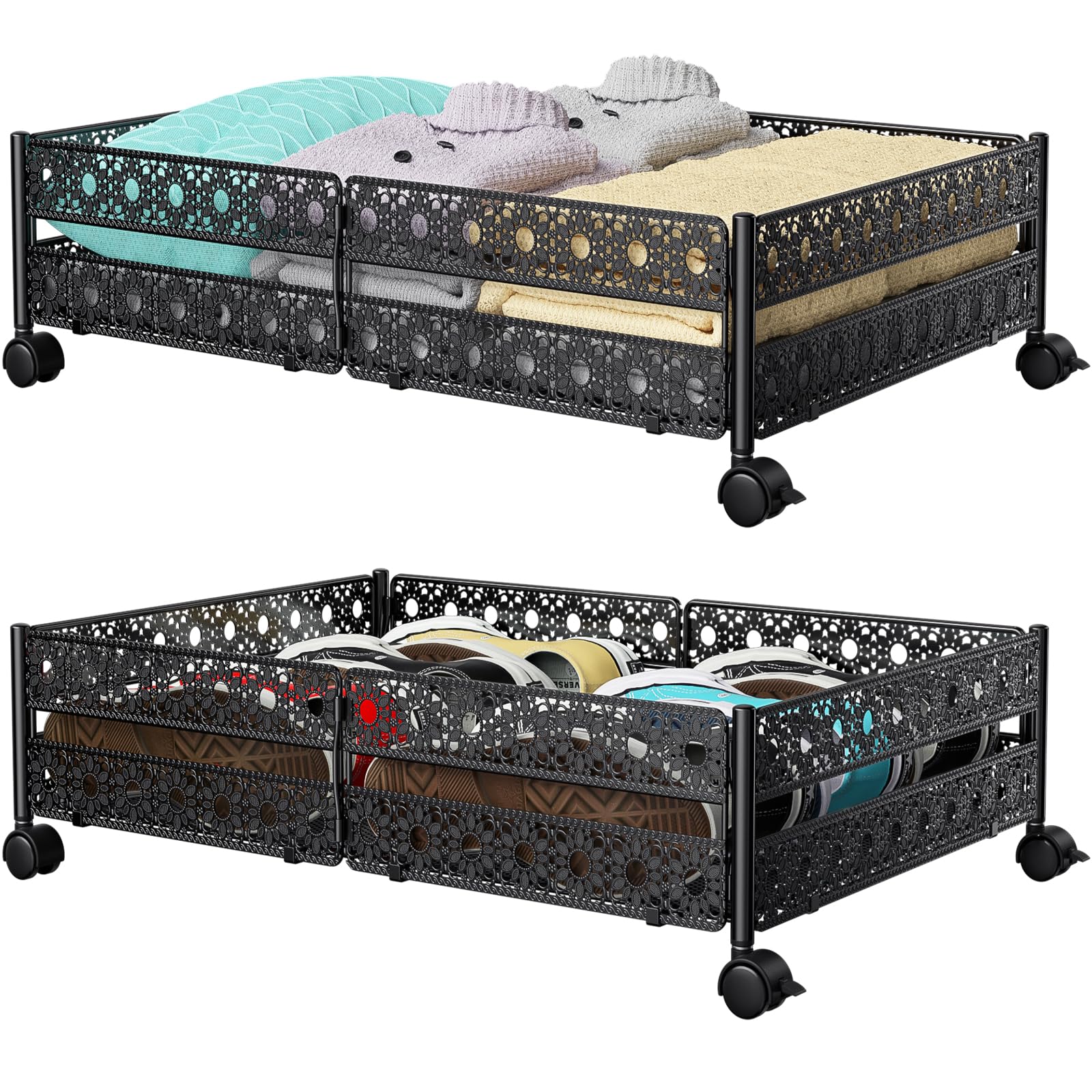 Under Bed Storage Containers with Wheels - Shoe Storage Organizer Drawer, Tool-free Assembly Metal Underbed Storage Containers for Bedroom Clothes, Shoes, Blankets - 2 Pack