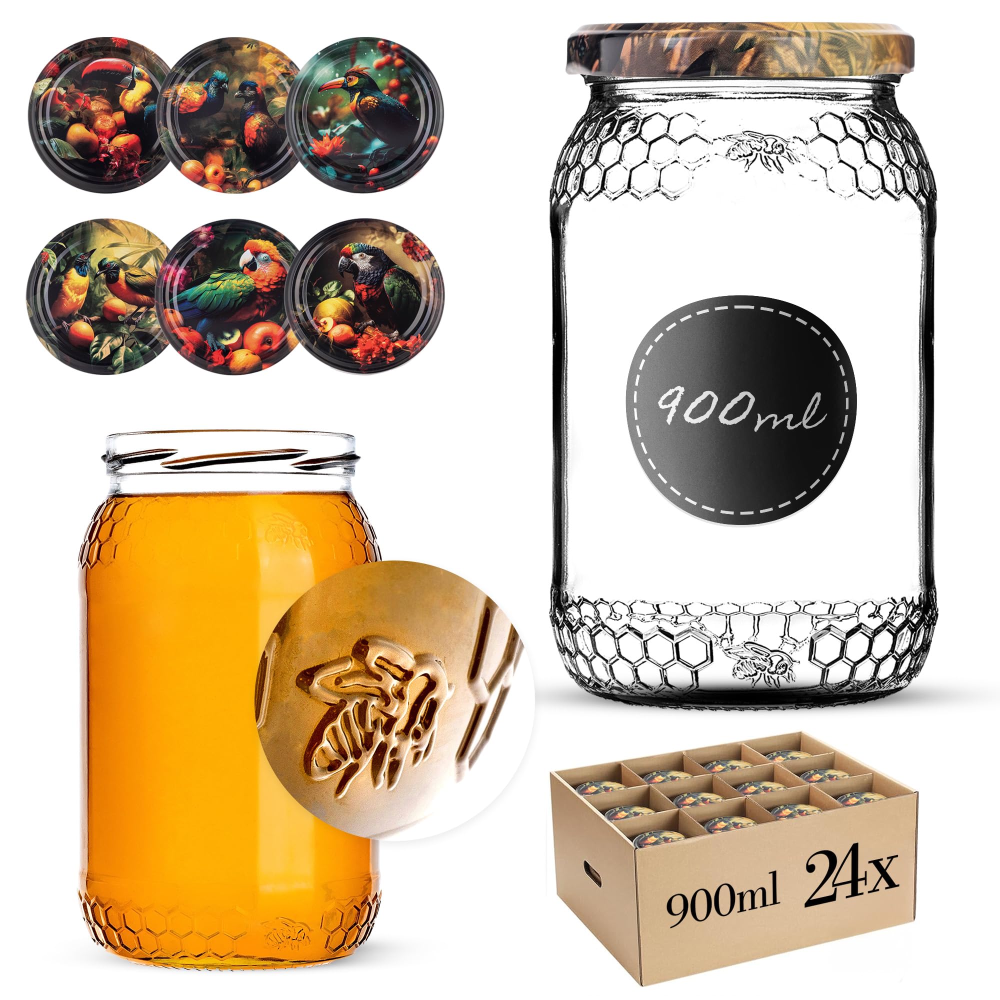 KADAX 24er Set Einmachgläser 900ml TO82 Exotische Vögel, Große Sturzgläser mit Schraubdeckel, Einkochgläser Fermentierglas für Gurken, Gemüse, Sauerteig