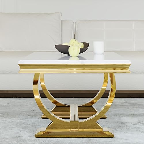 Miniatura 3 de Asday Mesa de centro dorada y blanca, mesa de centro rectangular de mármol dorado, mesa central elegante de lujo para sala de estar, pasillo de