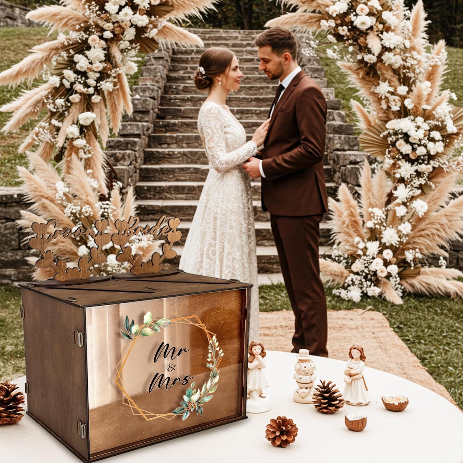 OurWarm Brown Wedding Card Box for Reception with Dual Slots, Vintage Large Wooden Box with Lock and Divider, Rustic Envelope Gift Card Box for Wedding Reception Table Decorations Bridal Shower