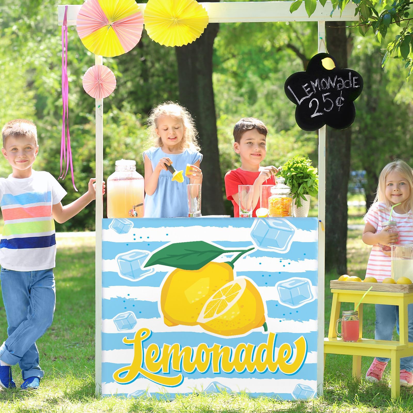 Yiaoyinnz Lemonade Stand Kit for Lemonade Stand Supplies Lemonade Tablecloth Lemonade Table Cover Outdoor Yellow Lemon Business Sign for Folding Card Table Summer Beach Picnic Birthday Party Decor - Image 5