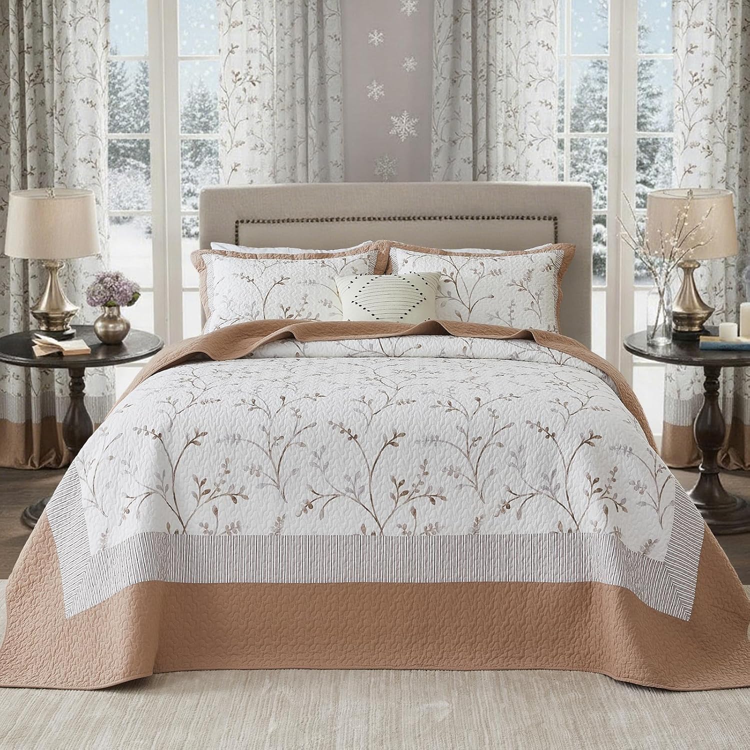 100% Cotton Oversized King Bedspread 128"x120" - Lightweight Modern California King Quilt Set, Reversible Watercolor Plant Pattern Extra Wide Quilted Bedding Coverlet, 3 Pcs, Brown/White Light Brown/White Cal King(128"x120")