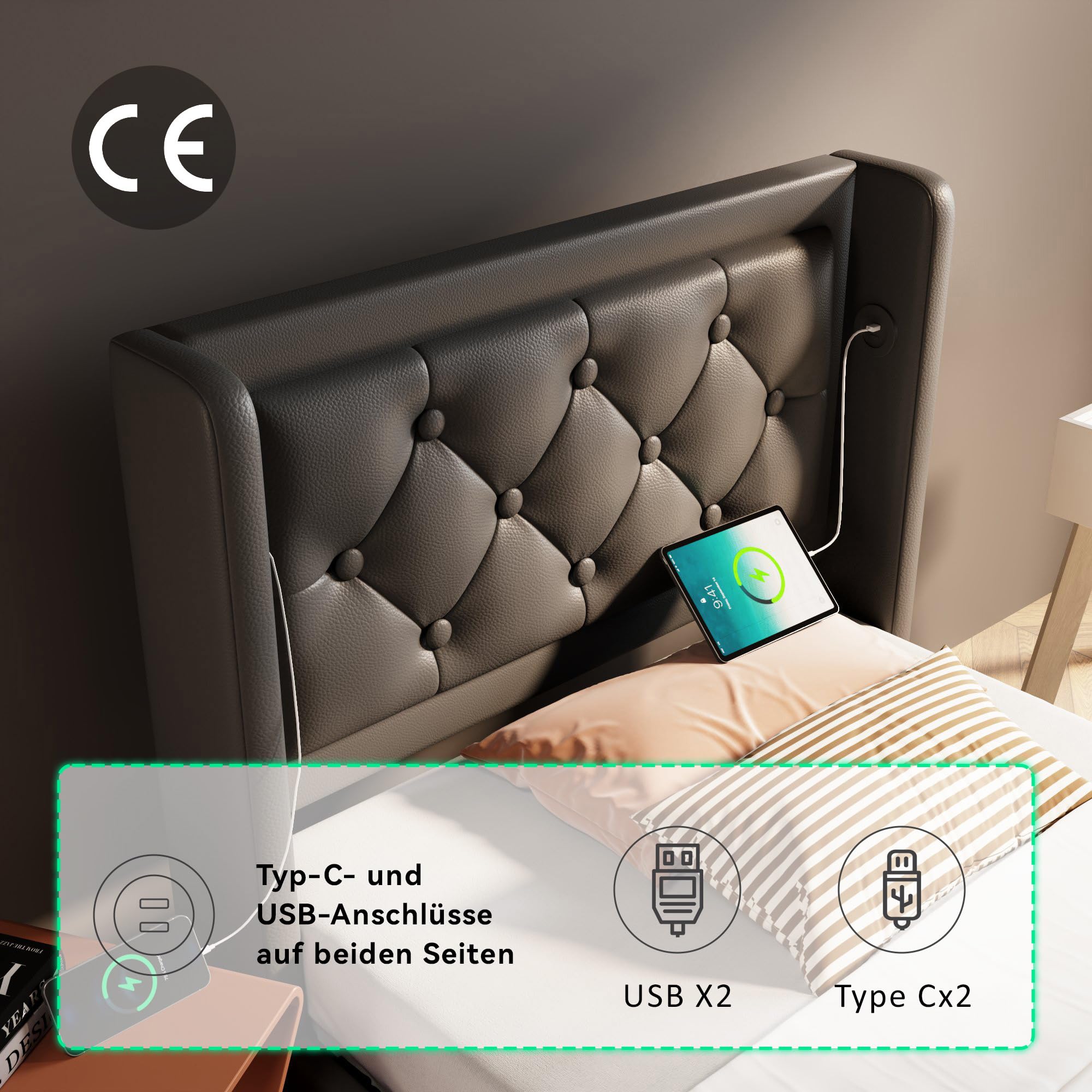 Gestoffeerd tweepersoonsopbergbed 160x200cm (voor jongeren): USB