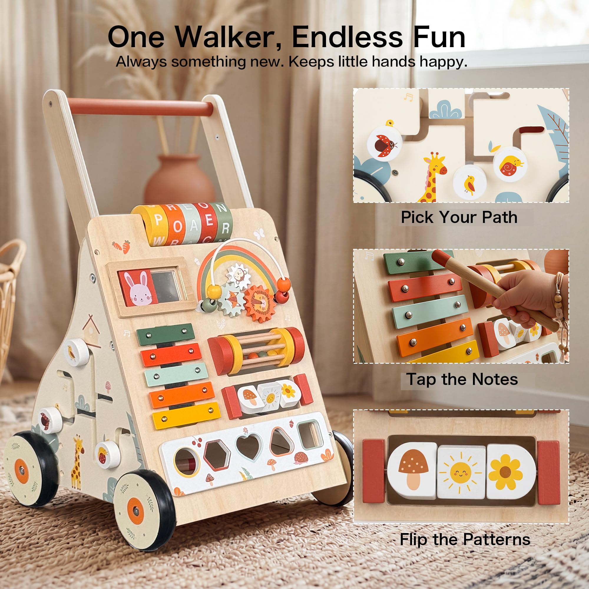 Baby Walker aus Holz mit Rädern, Baby Push Walker Activity Center für Babys ab 18 Monaten, Montessori Walking Spielzeug zum Laufen lernen, Kleinkind 1. Geburtstag Geschenk