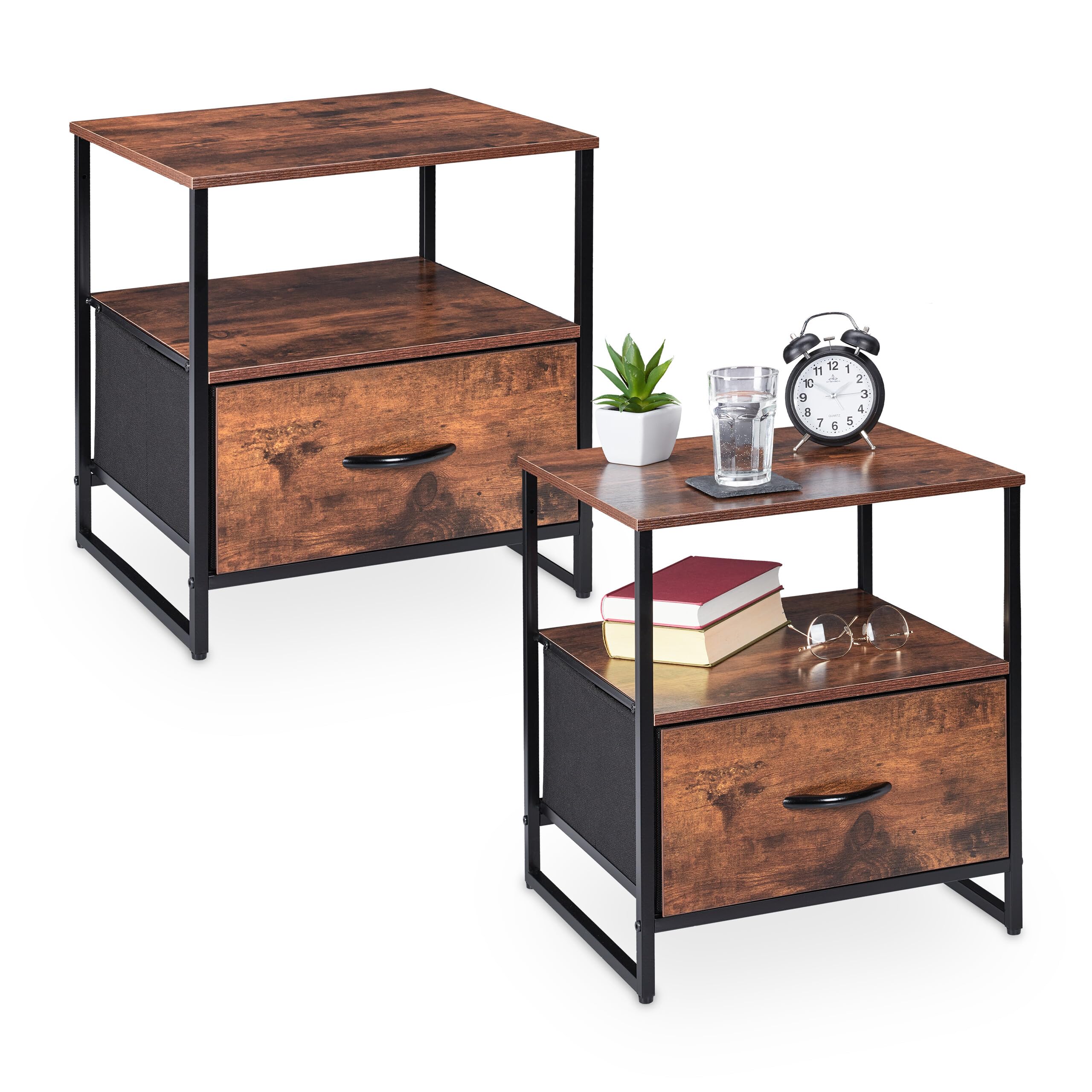 Relaxdays Industrienachtkästchen im 2er-Set – Nachttische mit Schublade, ca. 50 x 45 x 42,5 cm, schwarz/braun