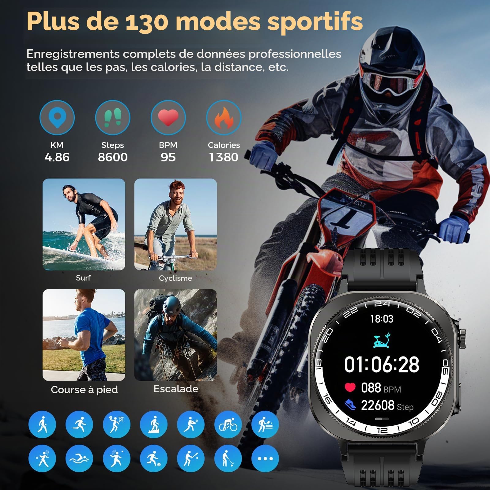 Smartwatch Homme Femme 1.43" Écran AMOLED HD 660mAh Appel Bluetooth LED Lampe 24/7 Sommeil Cardio SpO2 Podomètre 130+ Modes Sportifs IP68 Étanche pour Android iOS