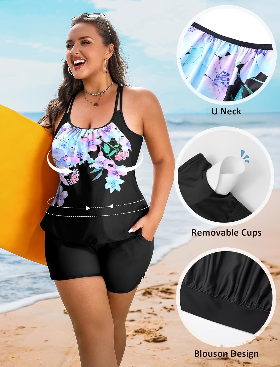 Arolina Tankini Swimsuits for Women Modest Two Piece Blouson Bathing Suit Tank Top with Boy Shorts Pockets (S-24W)