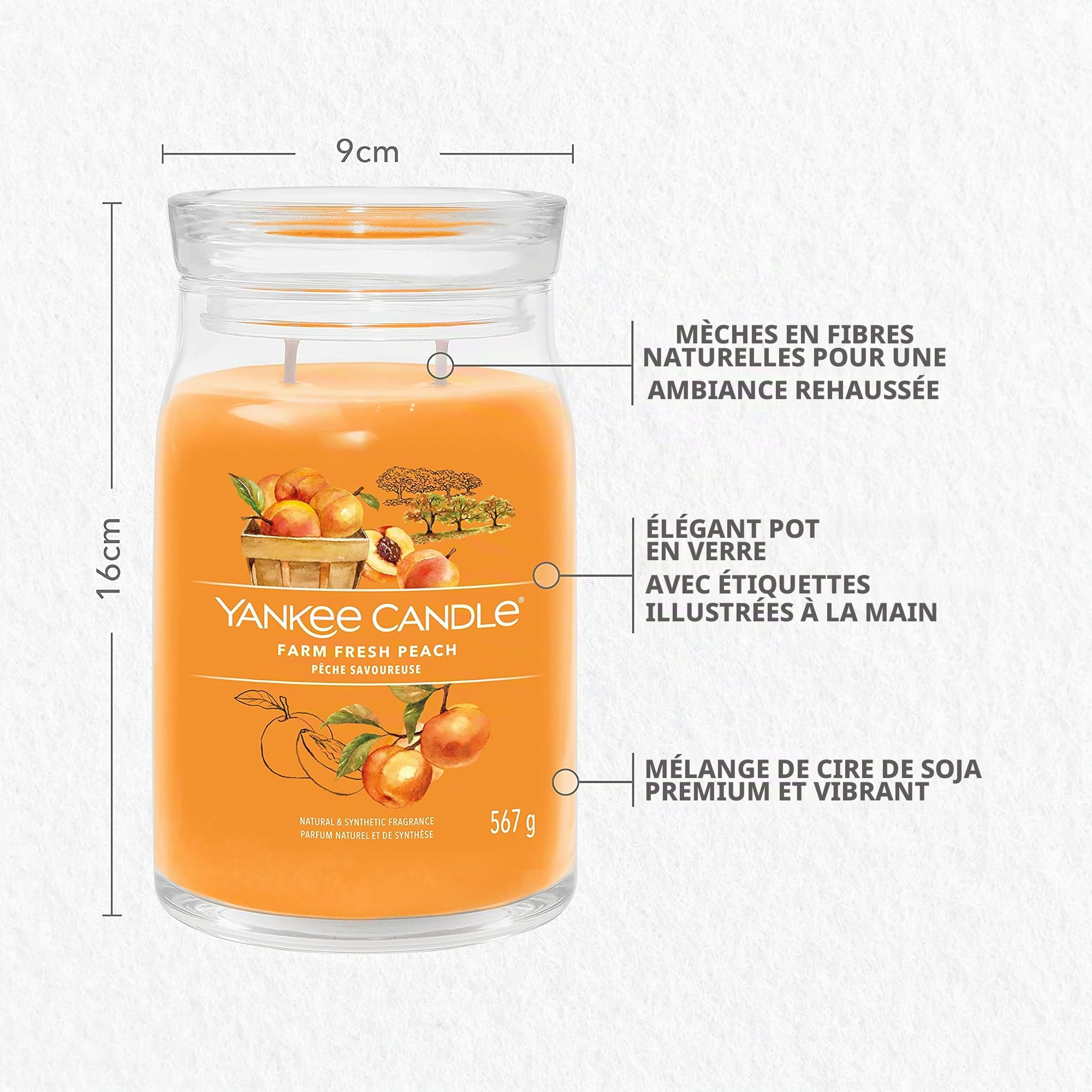 Yankee Candle Signature – Grande bougie parfumée | Pêche fraîche de la ferme avec double mèche | Mélange de cire de soja à combustion longue | Cadeau parfait pour femme