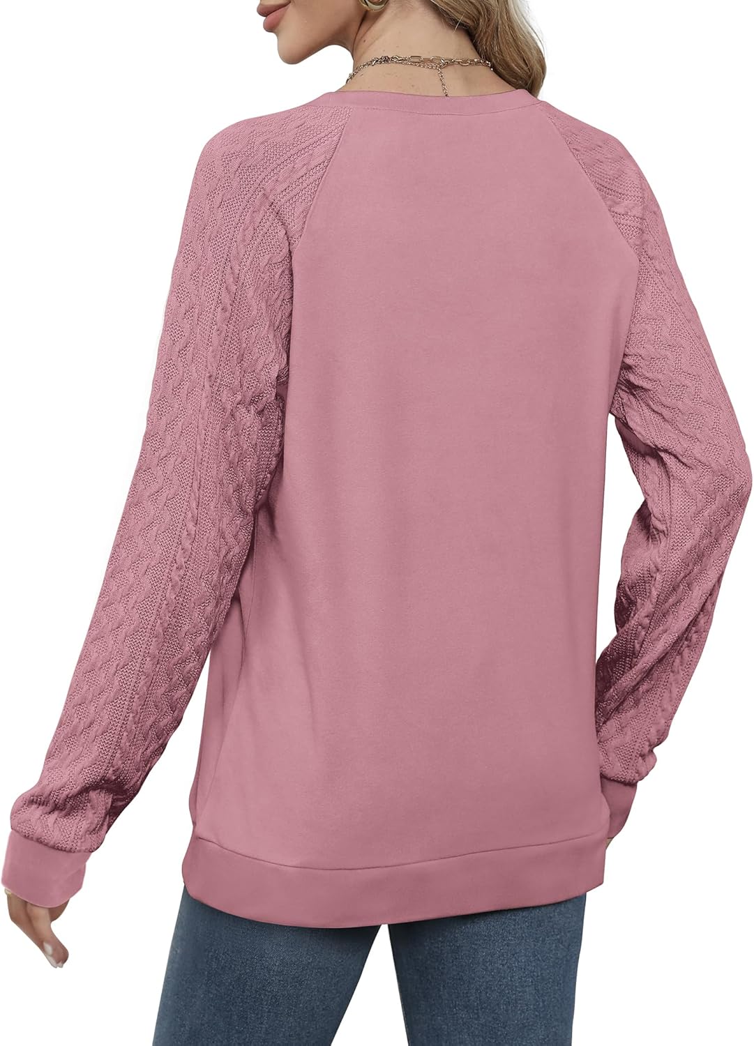 Saloogoe Sweatshirts for Women Crewneck Cable Knit Sleeve Sweaters Lightweight Fashion 2025